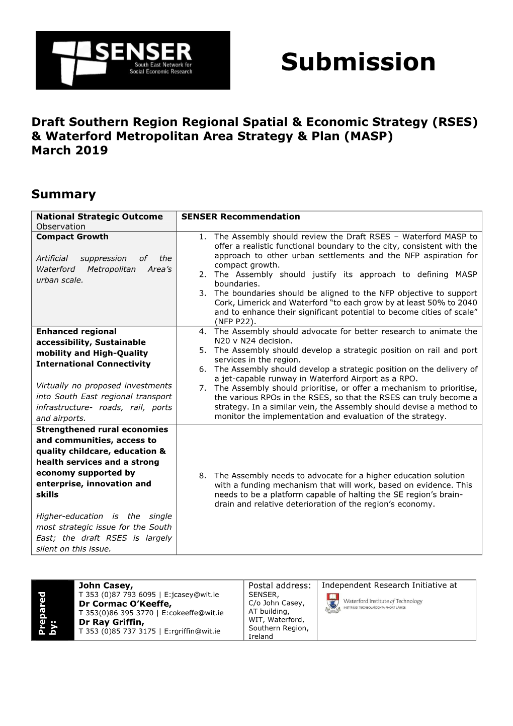 SENSER Submission on Draft RSES March 2018