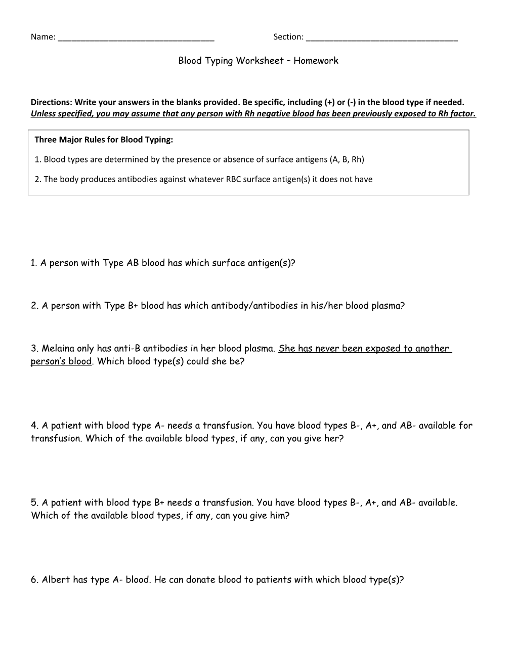 Blood Typing Worksheet Homework