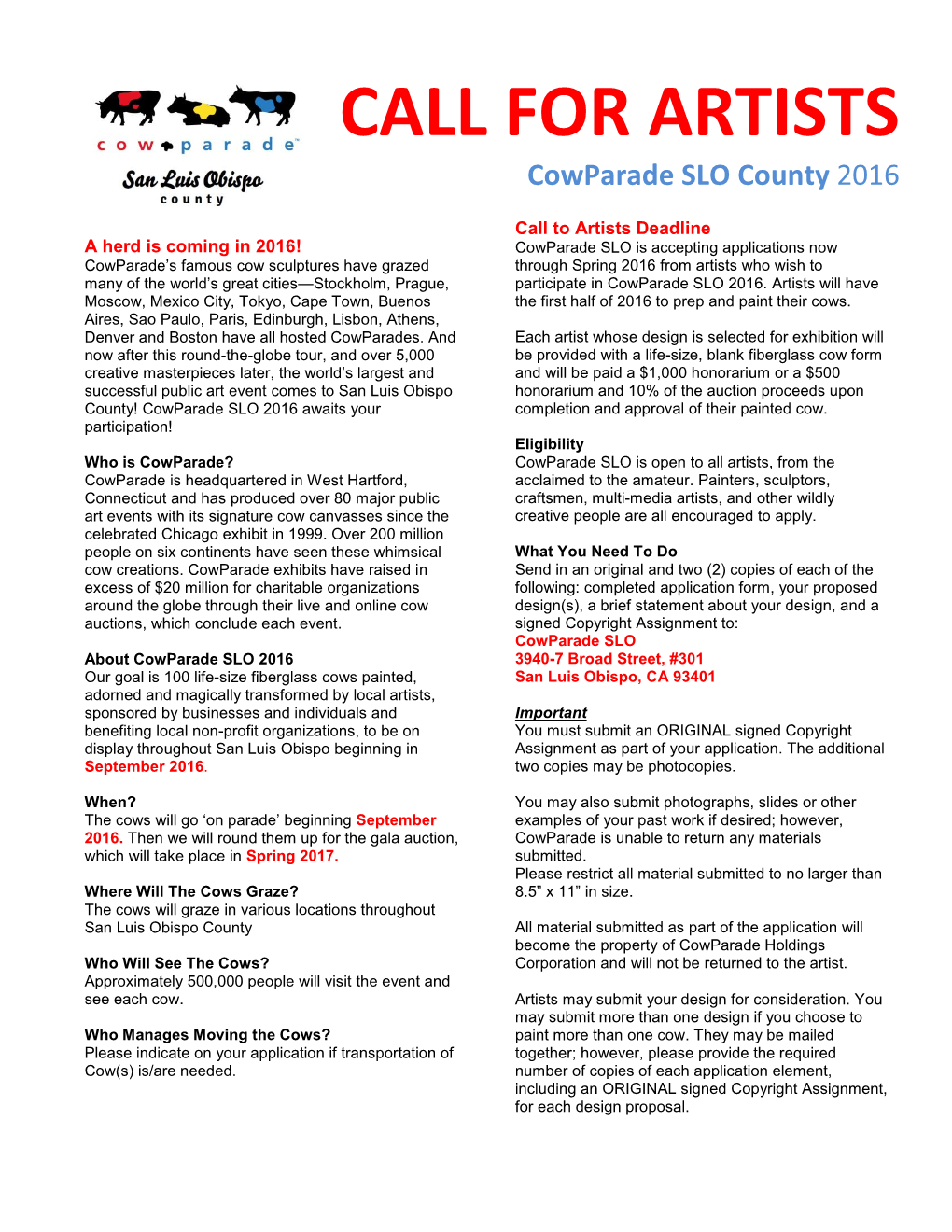 CALL for ARTISTS Cowparade SLO County 2016