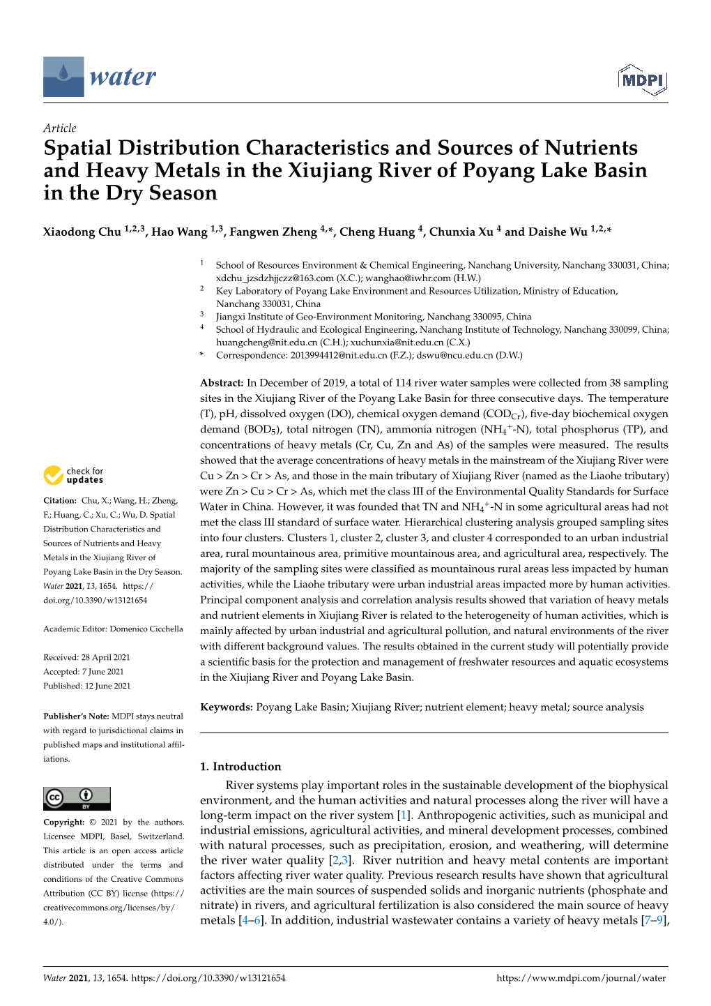 Spatial Distribution Characteristics and Sources of Nutrients and Heavy Metals in the Xiujiang River of Poyang Lake Basin in the Dry Season