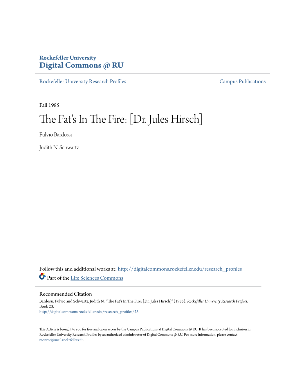 The Fat's in the Fire: [Dr. Jules Hirsch]