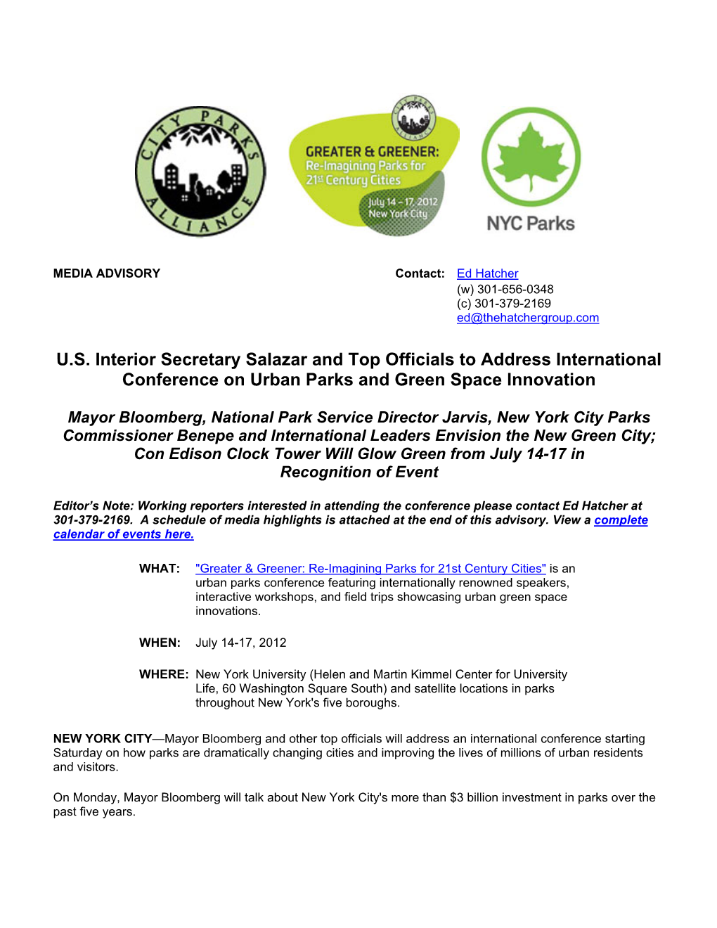 U.S. Interior Secretary Salazar and Top Officials to Address International Conference on Urban Parks and Green Space Innovation