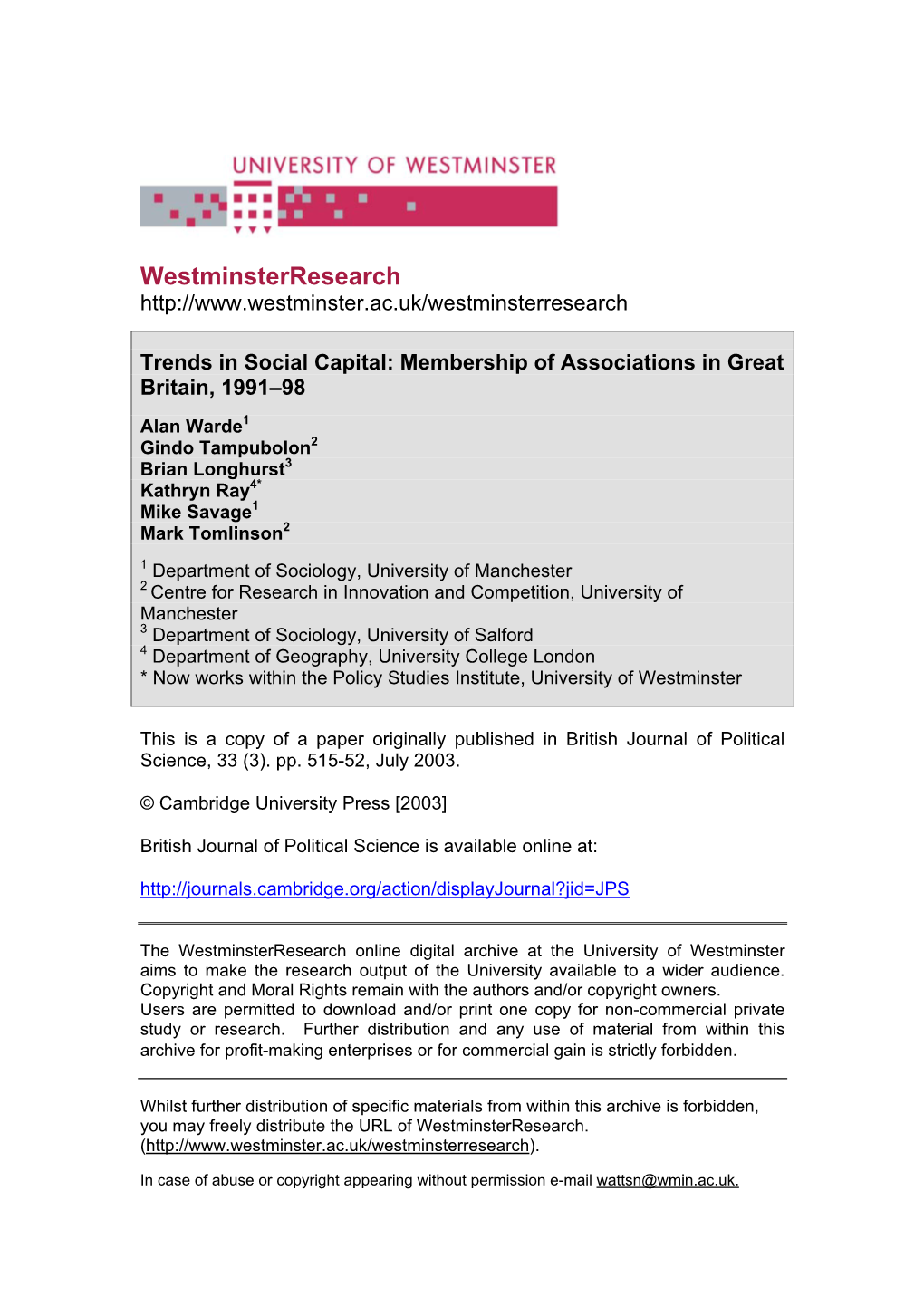 Trends in Social Capital: Membership of Associations in Great Britain, 1991–98
