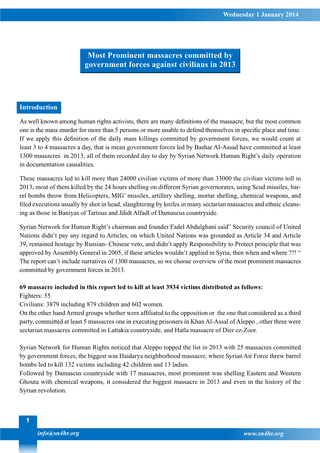 Most Prominent Massacres Committed by Government Forces Against Civilians in 2013