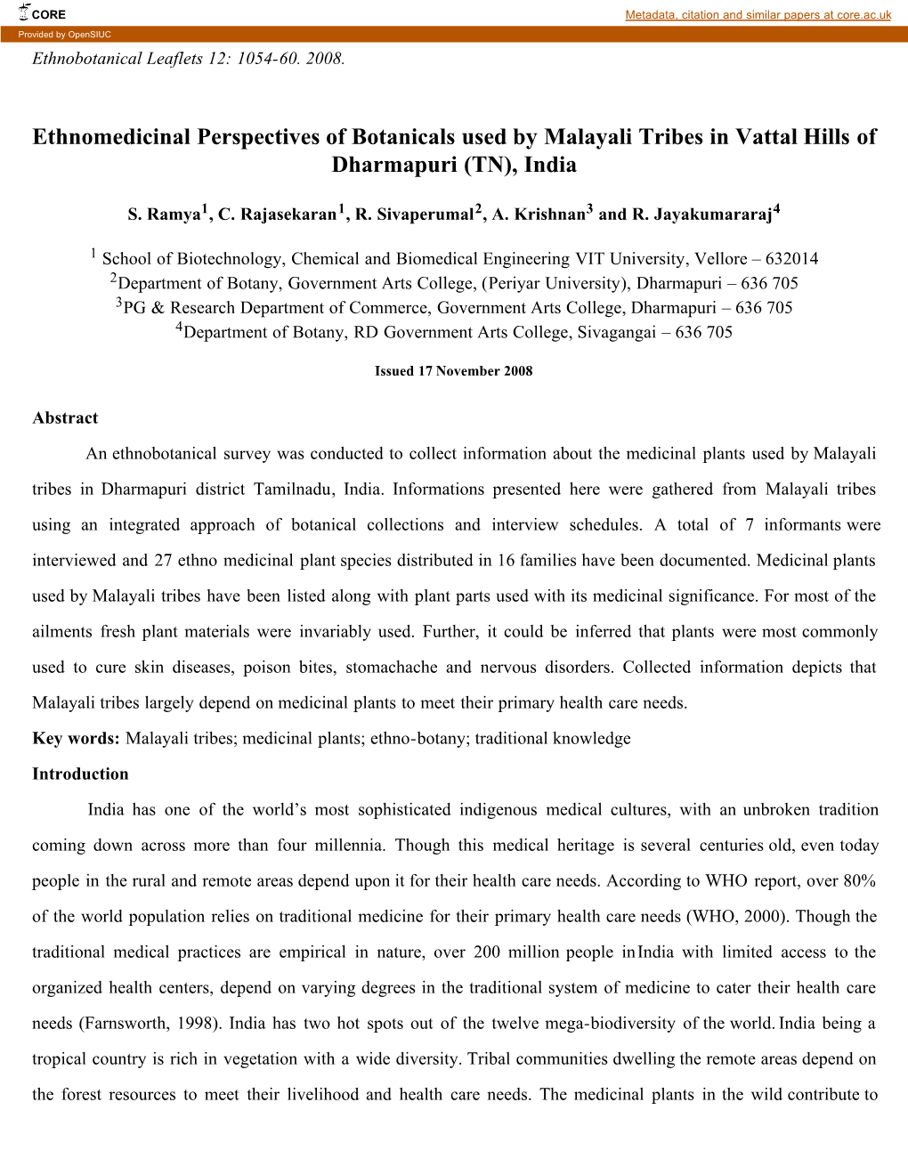 Ethnomedicinal Perspectives of Botanicals Used by Malayali Tribes in Vattal Hills of Dharmapuri (TN), India