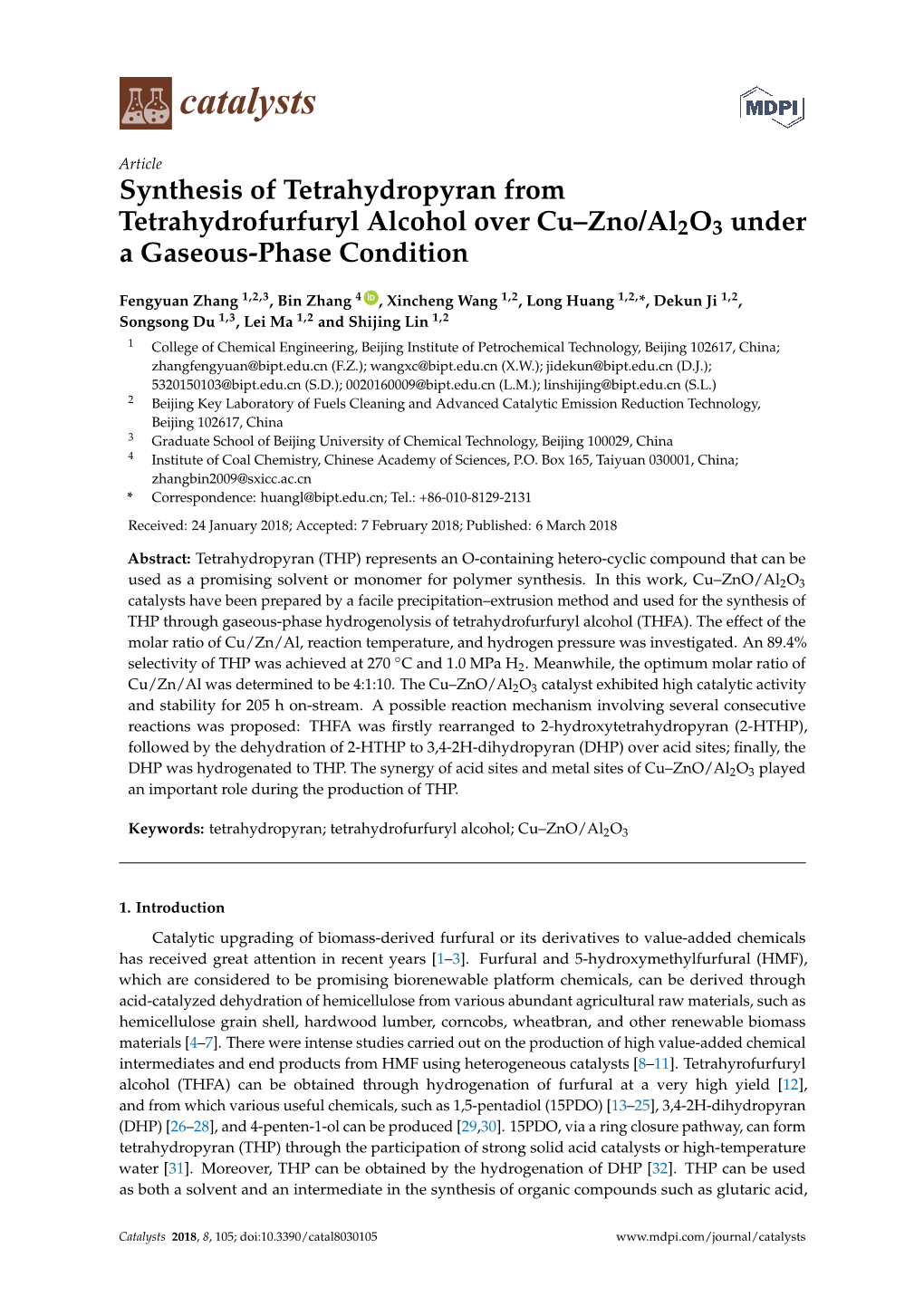 Synthesis of Tetrahydropyran from Tetrahydrofurfuryl Alcohol Over Cu–Zno/Al2o3 Under a Gaseous-Phase Condition