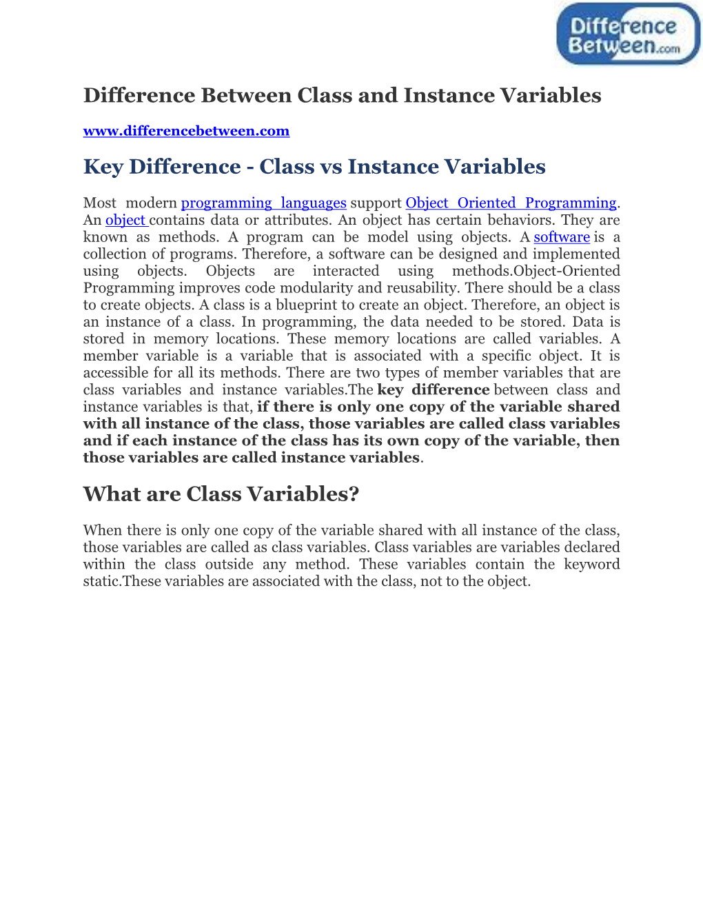 Difference Between Class and Instance Variables Key Difference