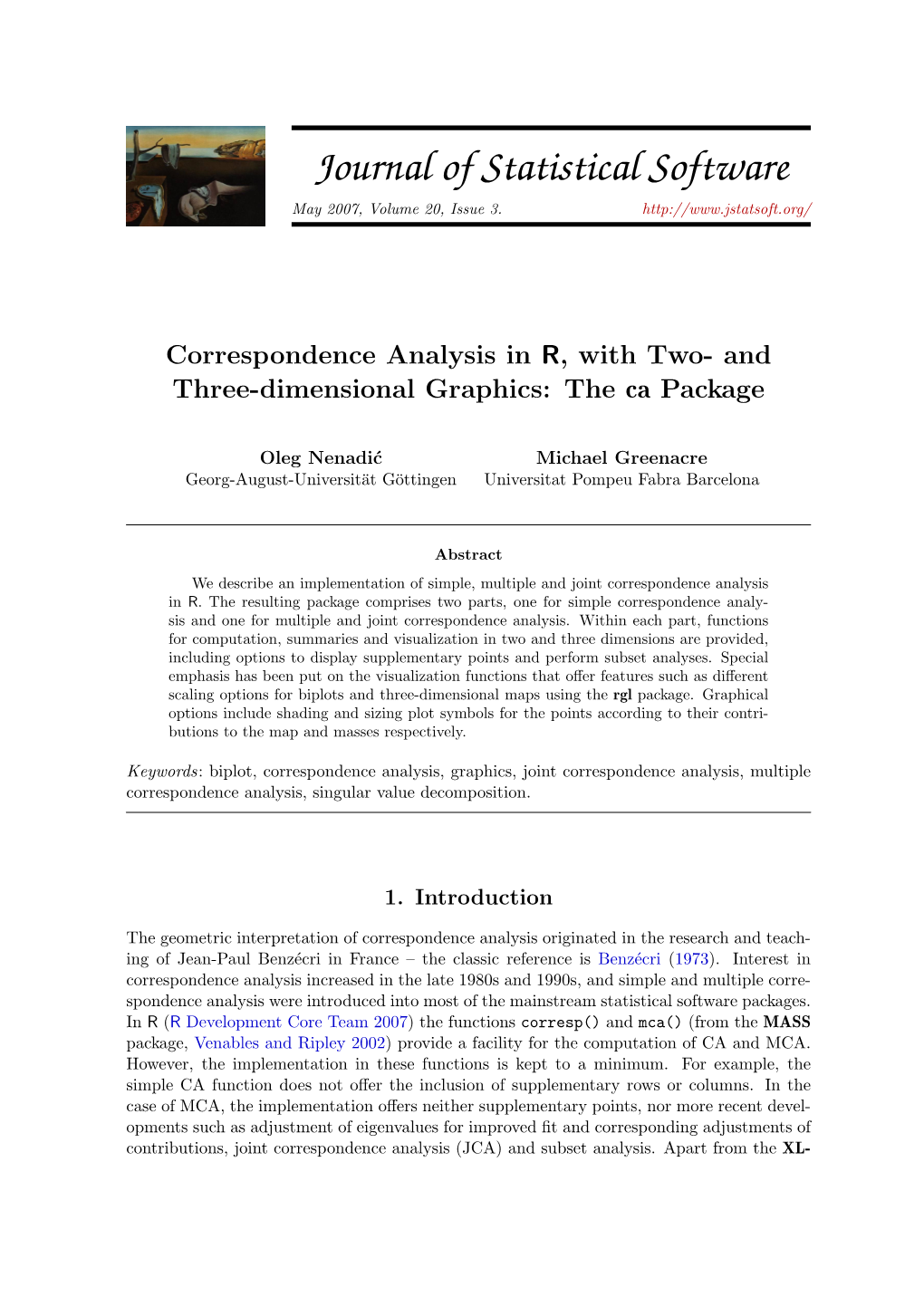 Correspondence Analysis in R, with Two- and Three-Dimensional Graphics: the Ca Package