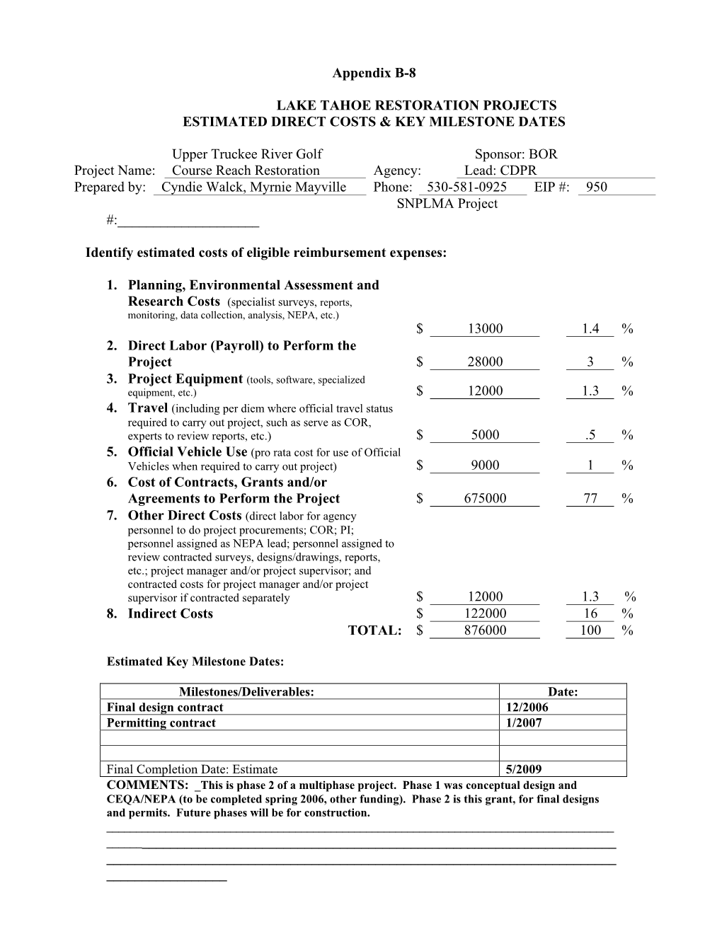 Appendix B-8 LAKE TAHOE RESTORATION PROJECTS ESTIMATED DIRECT COSTS & KEY MILESTONE DATES Project Name: Upper Truckee River