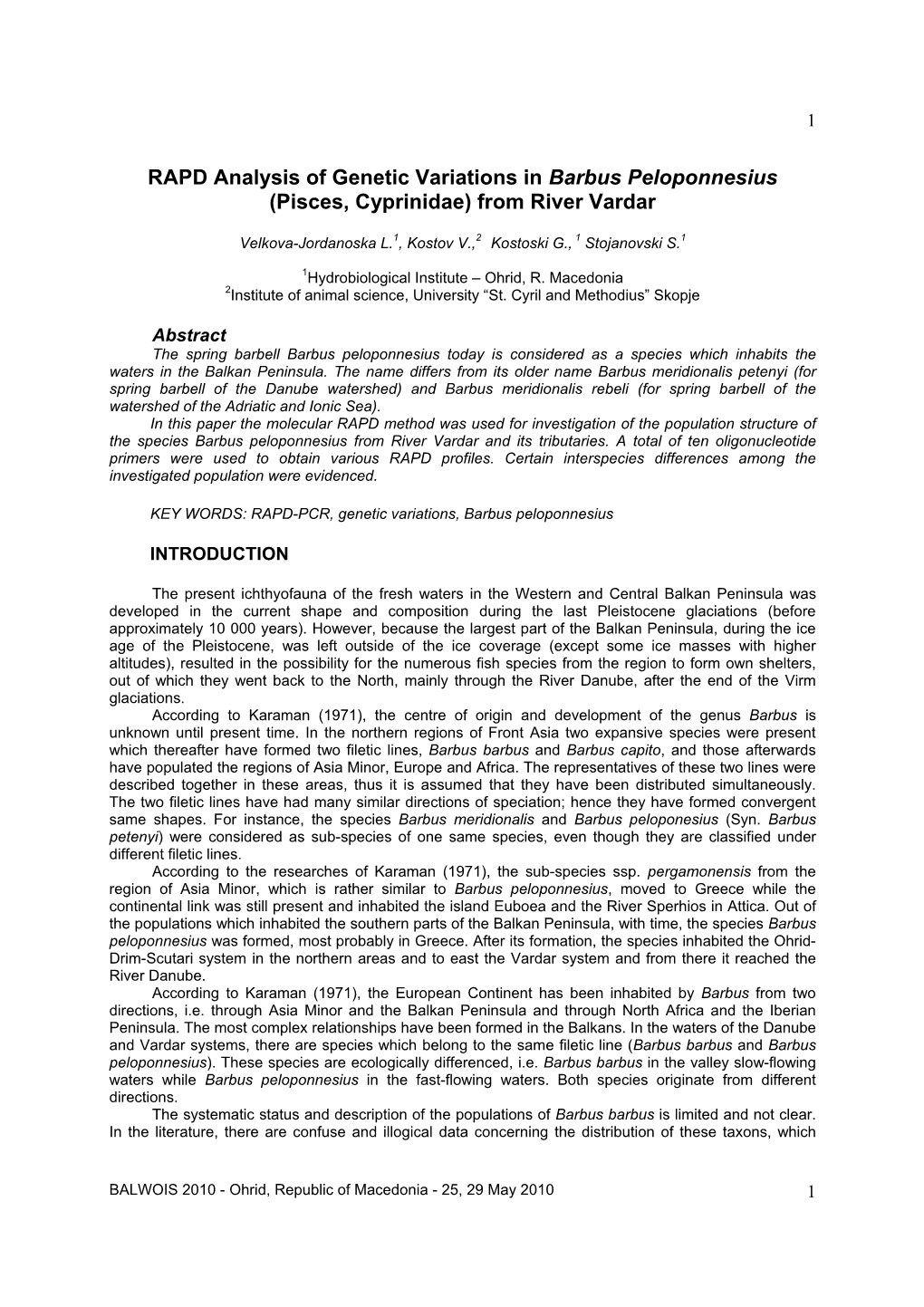 RAPD Analysis of Genetic Variations in Barbus Peloponnesius (Pisces, Cyprinidae) from River Vardar