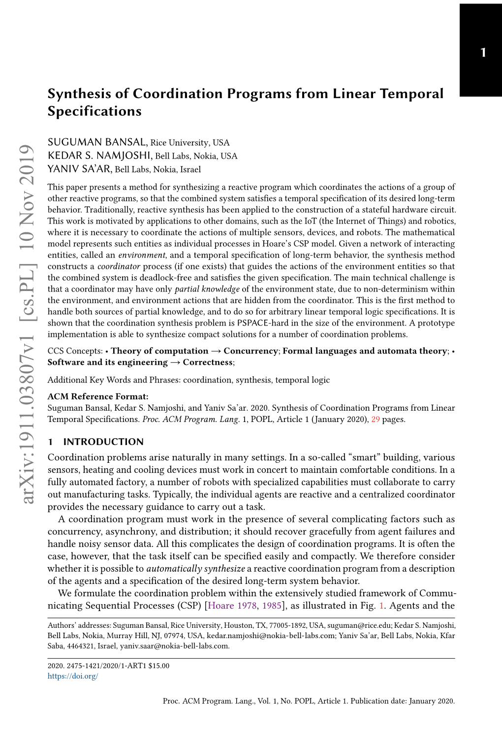 Synthesis of Coordination Programs from Linear Temporal Specifications