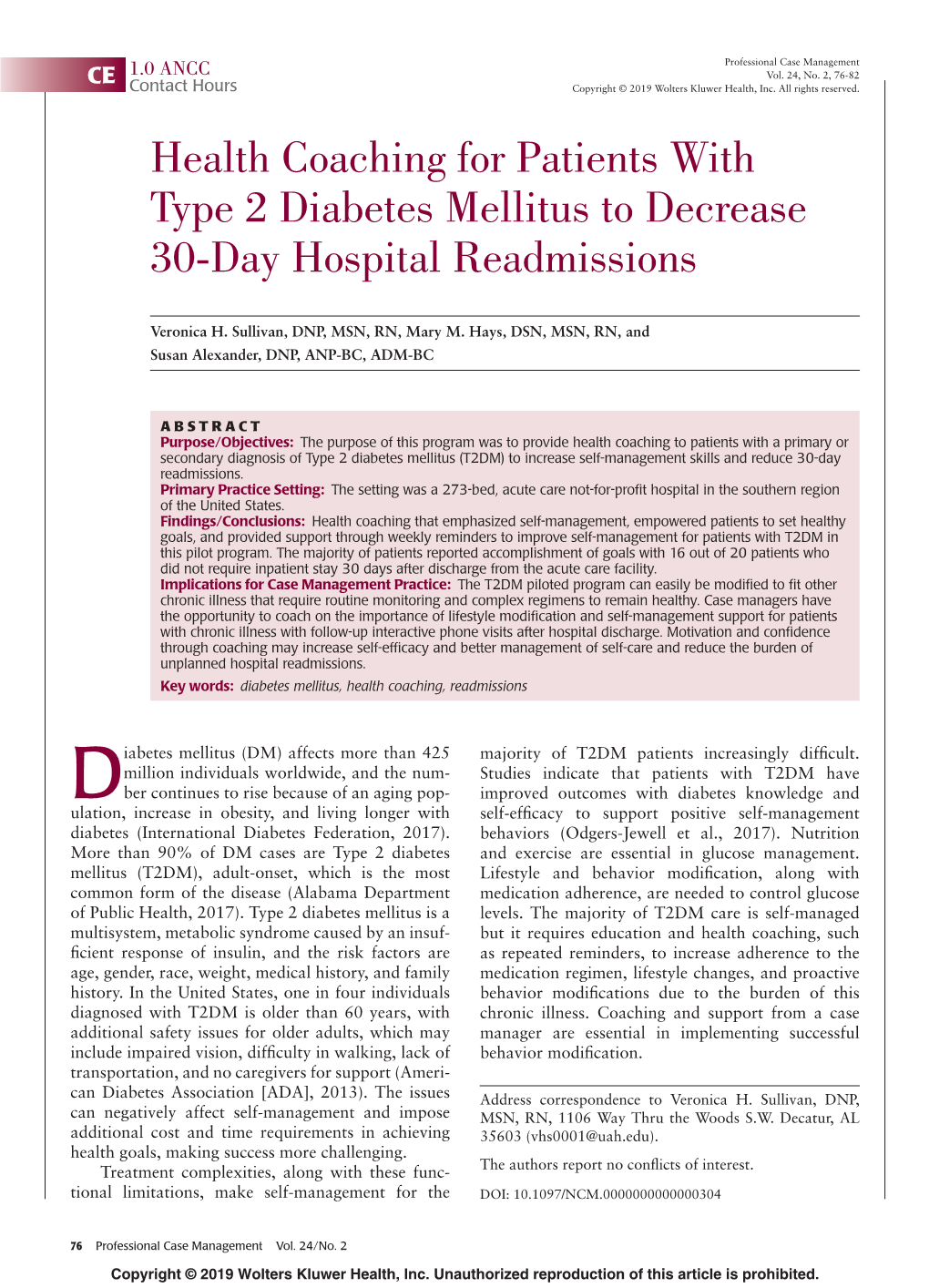 Health Coaching for Patients with Type 2 Diabetes Mellitus to Decrease 30-Day Hospital Readmissions