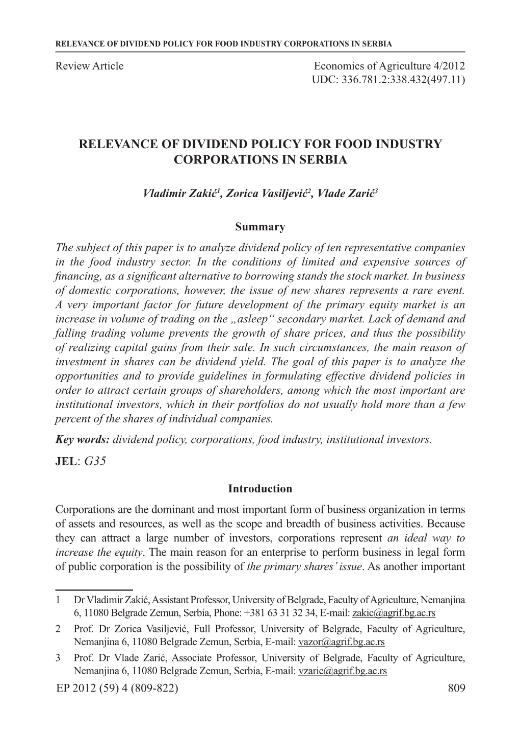 Relevance of Dividend Policy for Food Industry Corporations in Serbia