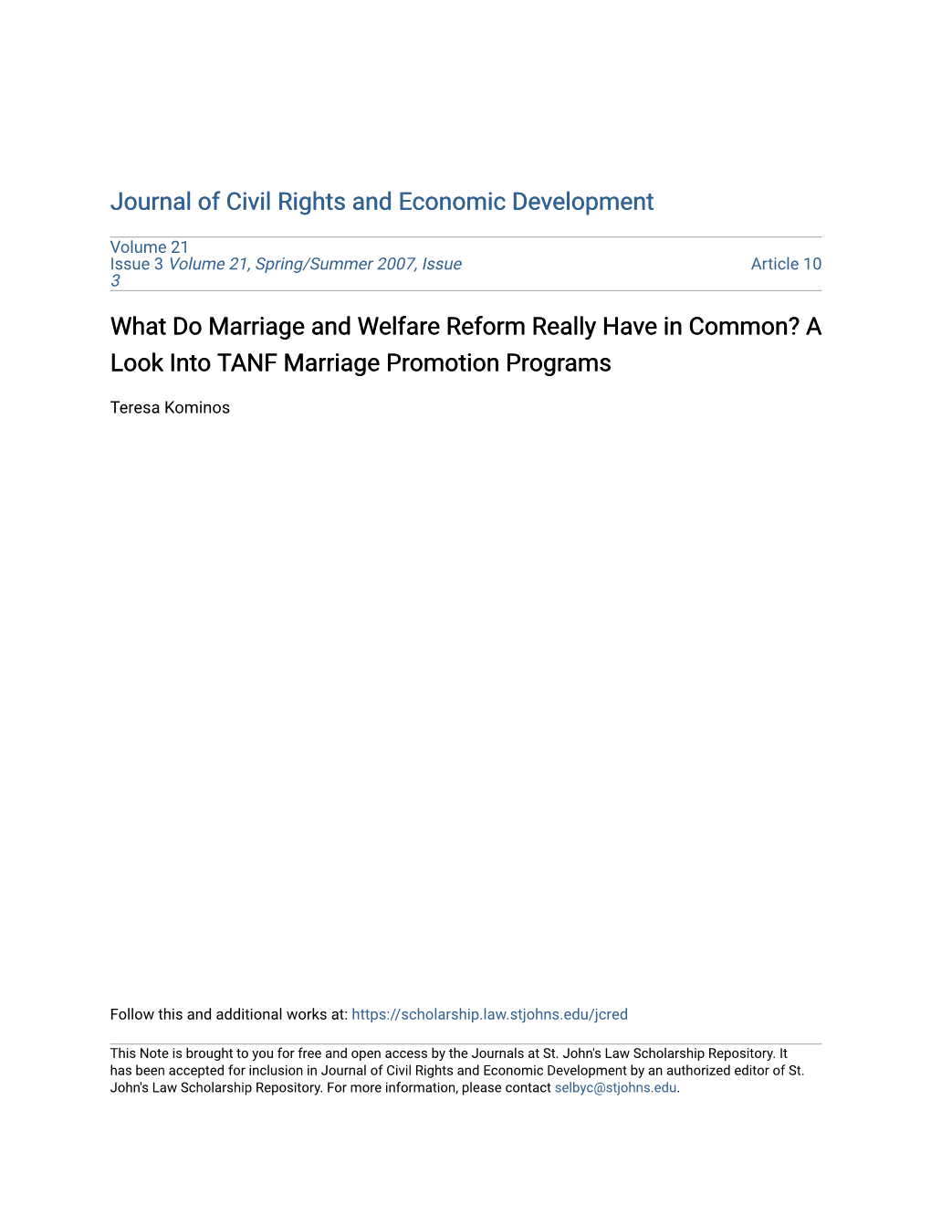 What Do Marriage and Welfare Reform Really Have in Common? a Look Into TANF Marriage Promotion Programs