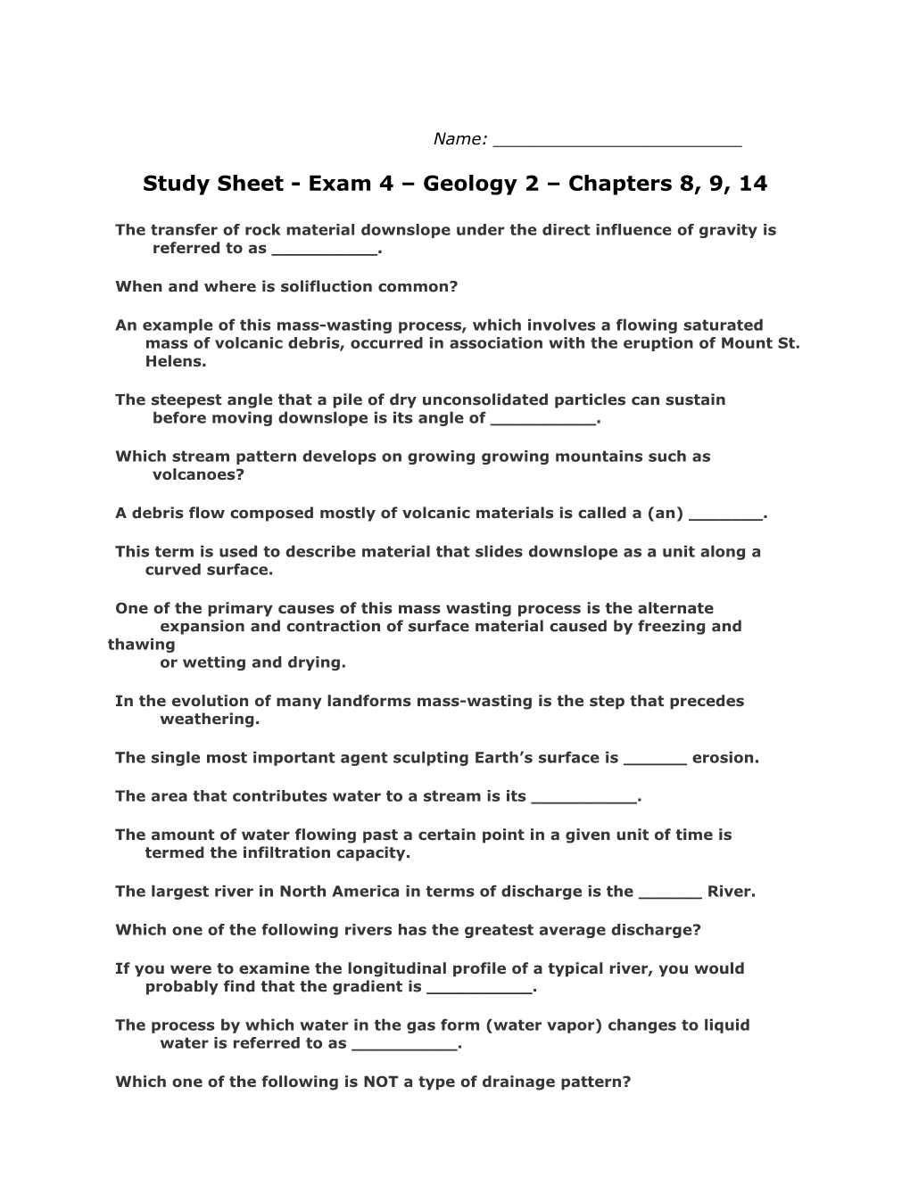 Study Sheet - Exam 4 Geology 2 Chapters 8, 9, 14