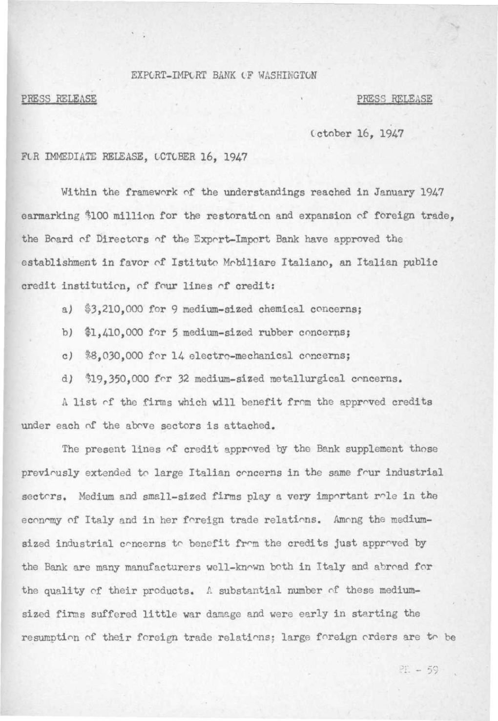 October 16, 1947 JPLR IMMEDIATE RELEASE, CCTCBER 16, 1947