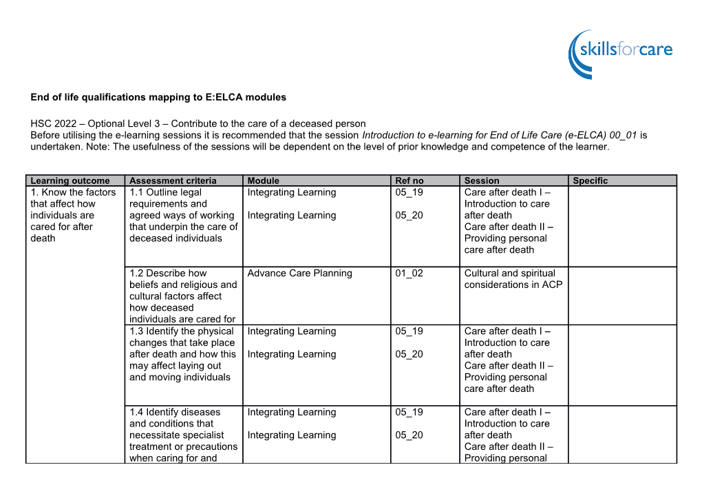 End of Life Qualifications Mapping to E:ELCA Modules