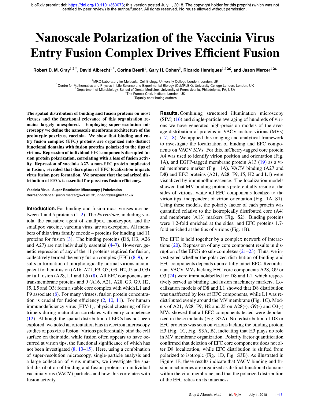 Nanoscale Polarization of the Vaccinia Virus Entry Fusion Complex Drives Efﬁcient Fusion