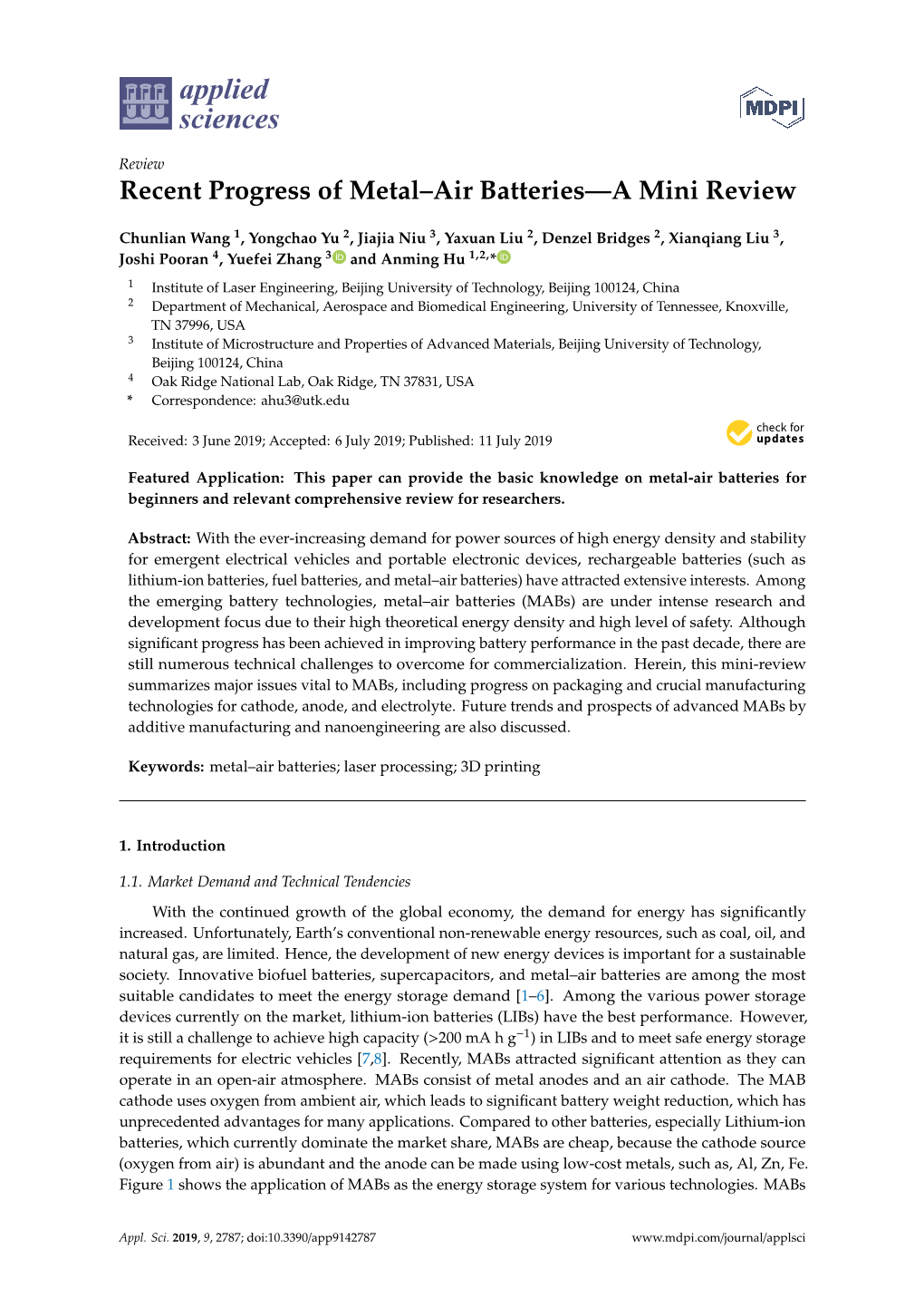 Recent Progress of Metal–Air Batteries—A Mini Review