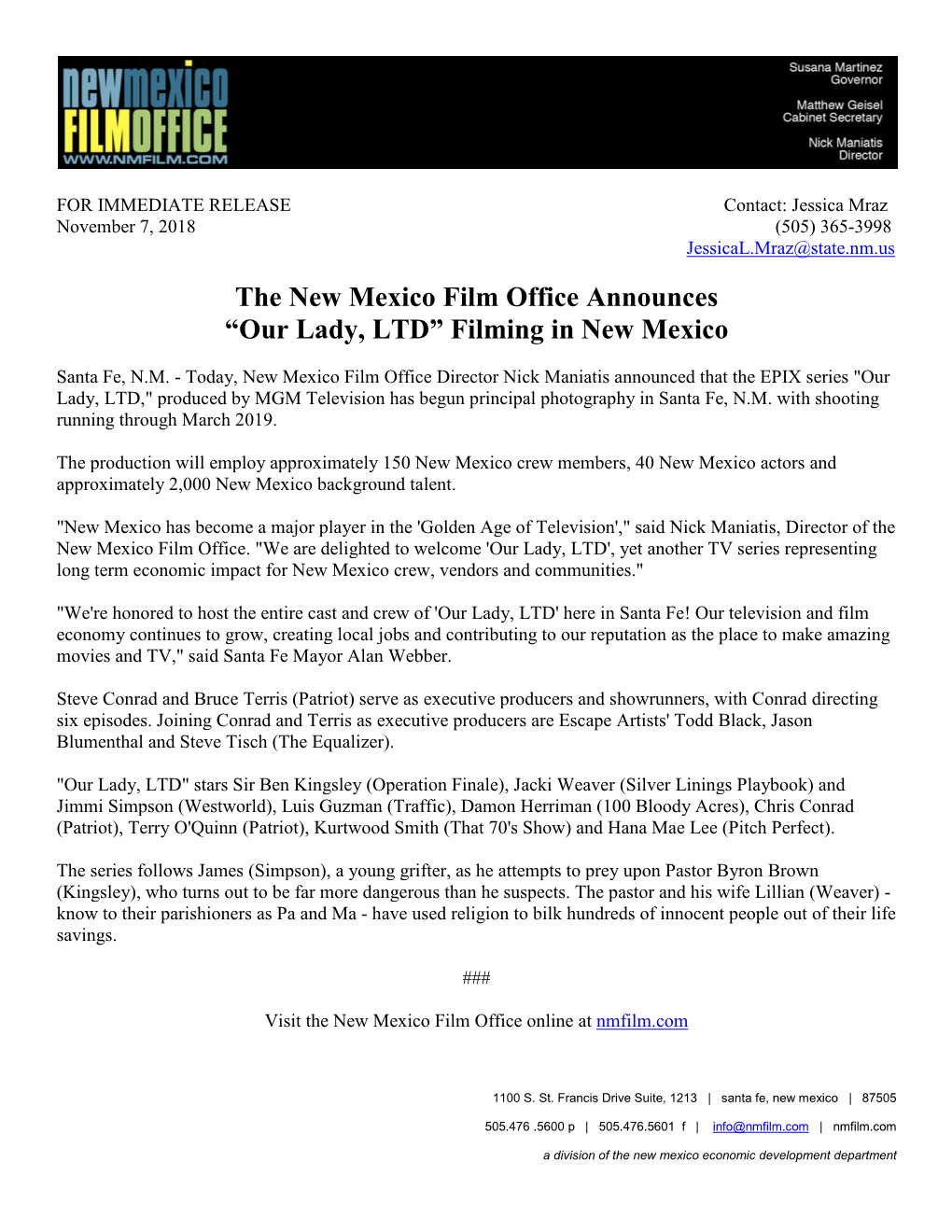The New Mexico Film Office Announces “Our Lady, LTD” Filming in New Mexico