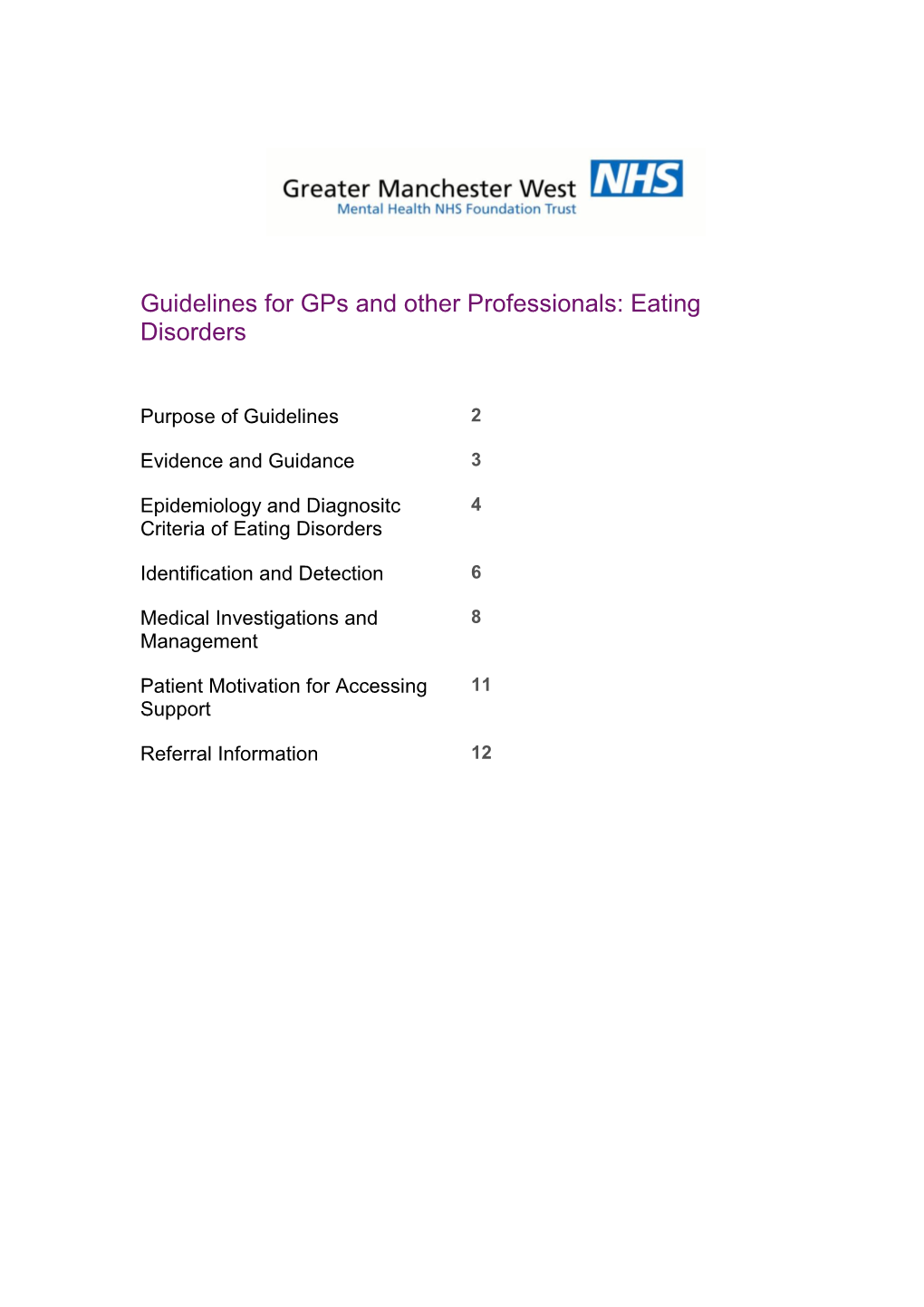 Guidelines for Gps and Other Professionals: Eating Disorders