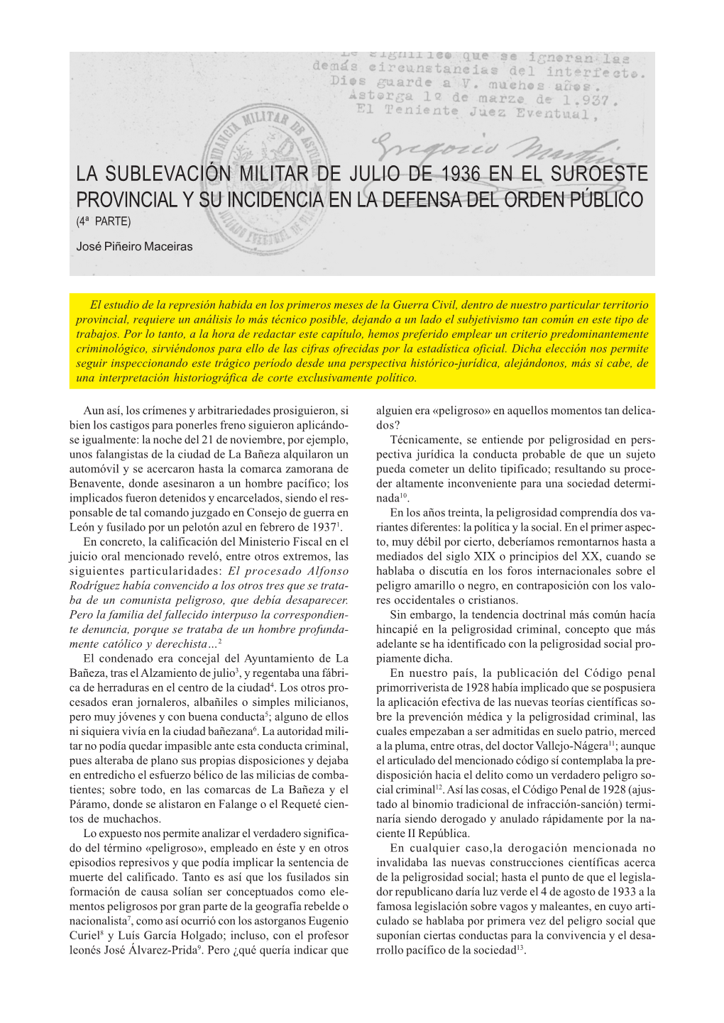 La Sublevación Militar De Julio De 1936 En El Suroeste Provincial Y Su Incidencia En La Defensa Del Orden Público (4ª Parte)