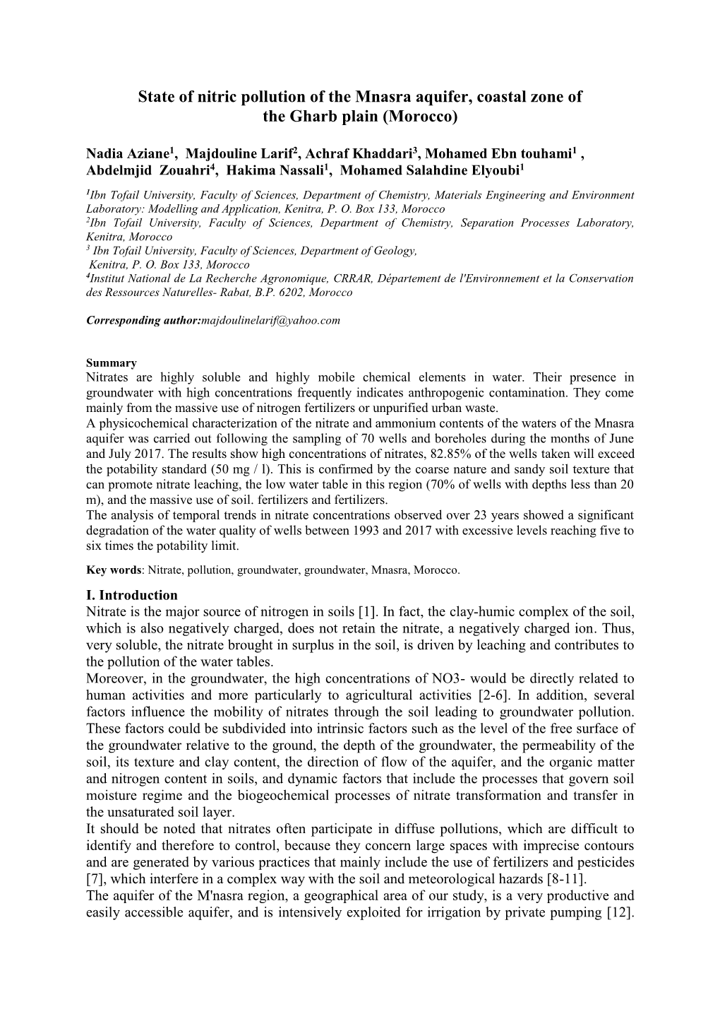 State of Nitric Pollution of the Mnasra Aquifer, Coastal Zone of the Gharb Plain (Morocco)