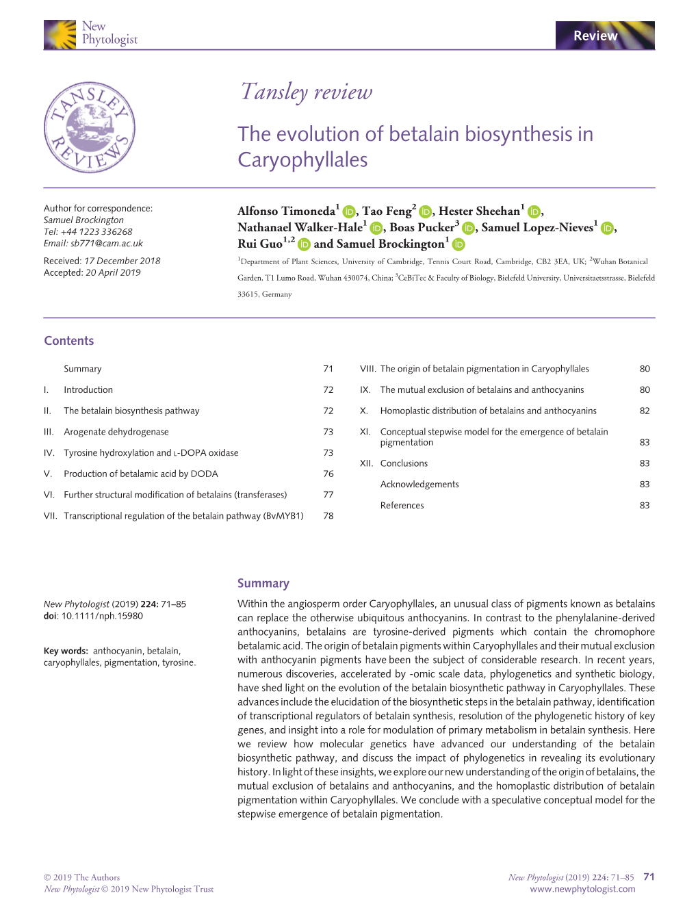 The Evolution of Betalain Biosynthesis in Caryophyllales