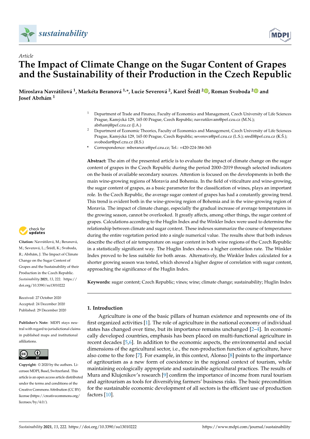 The Impact of Climate Change on the Sugar Content of Grapes and the Sustainability of Their Production in the Czech Republic