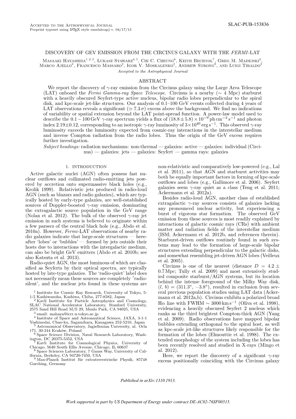 DISCOVERY of GEV EMISSION from the CIRCINUS GALAXY with the FERMI -LAT Masaaki Hayashida1, 2, 3,Lukaszstawarz 4, 5, Chi C