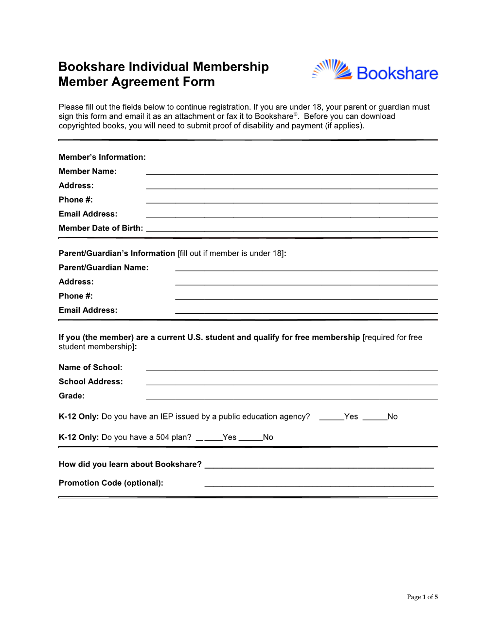 Bookshare Individual Membership Member Agreement Form