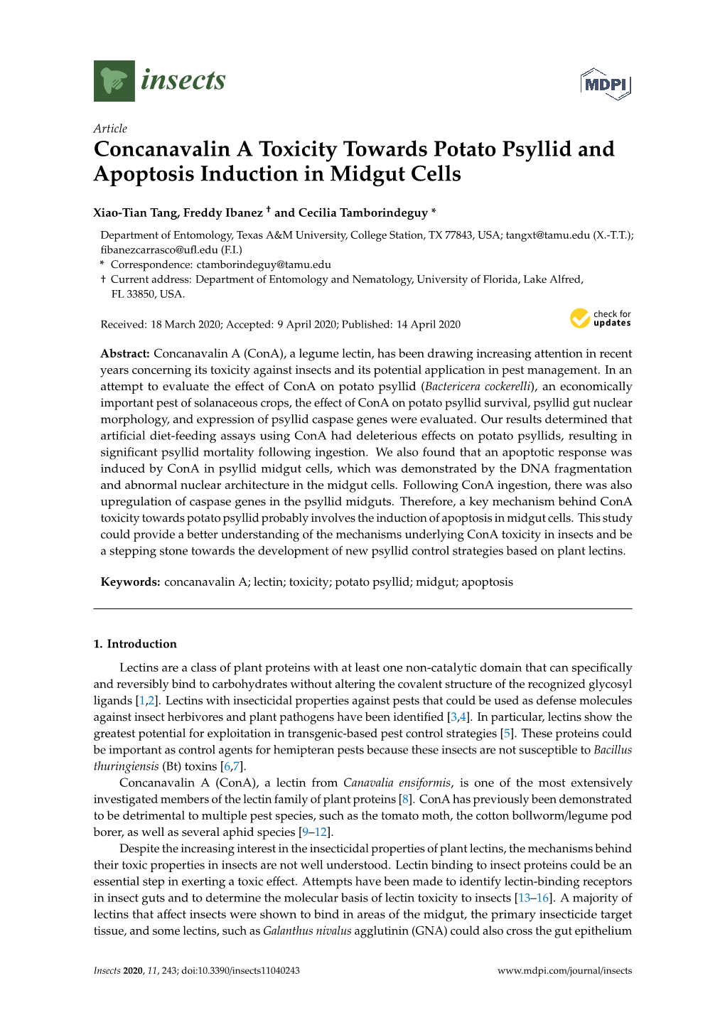 Concanavalin a Toxicity Towards Potato Psyllid and Apoptosis Induction in Midgut Cells