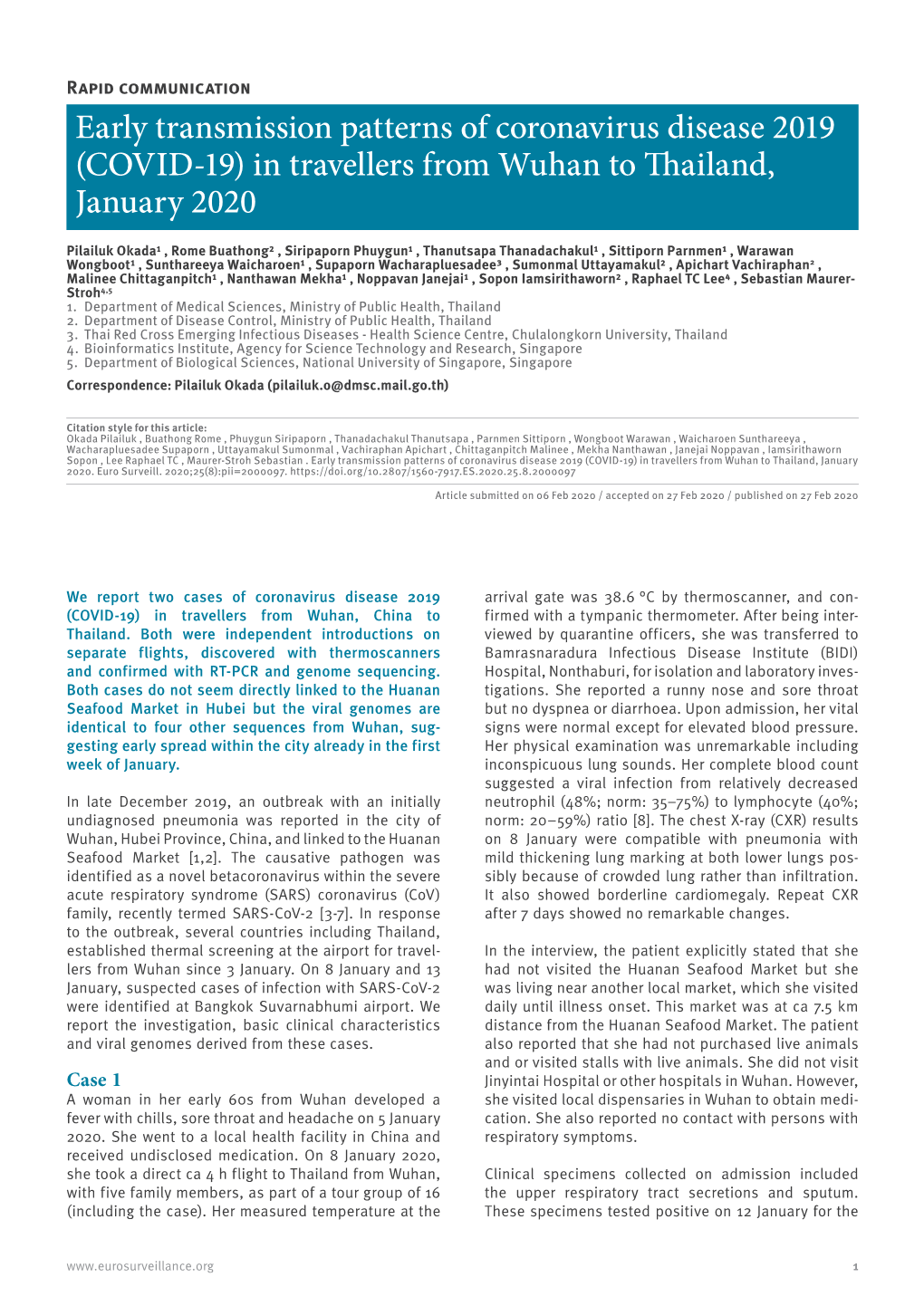 Early Transmission Patterns of Coronavirus Disease 2019 (COVID-19) in Travellers from Wuhan to Thailand, January 2020