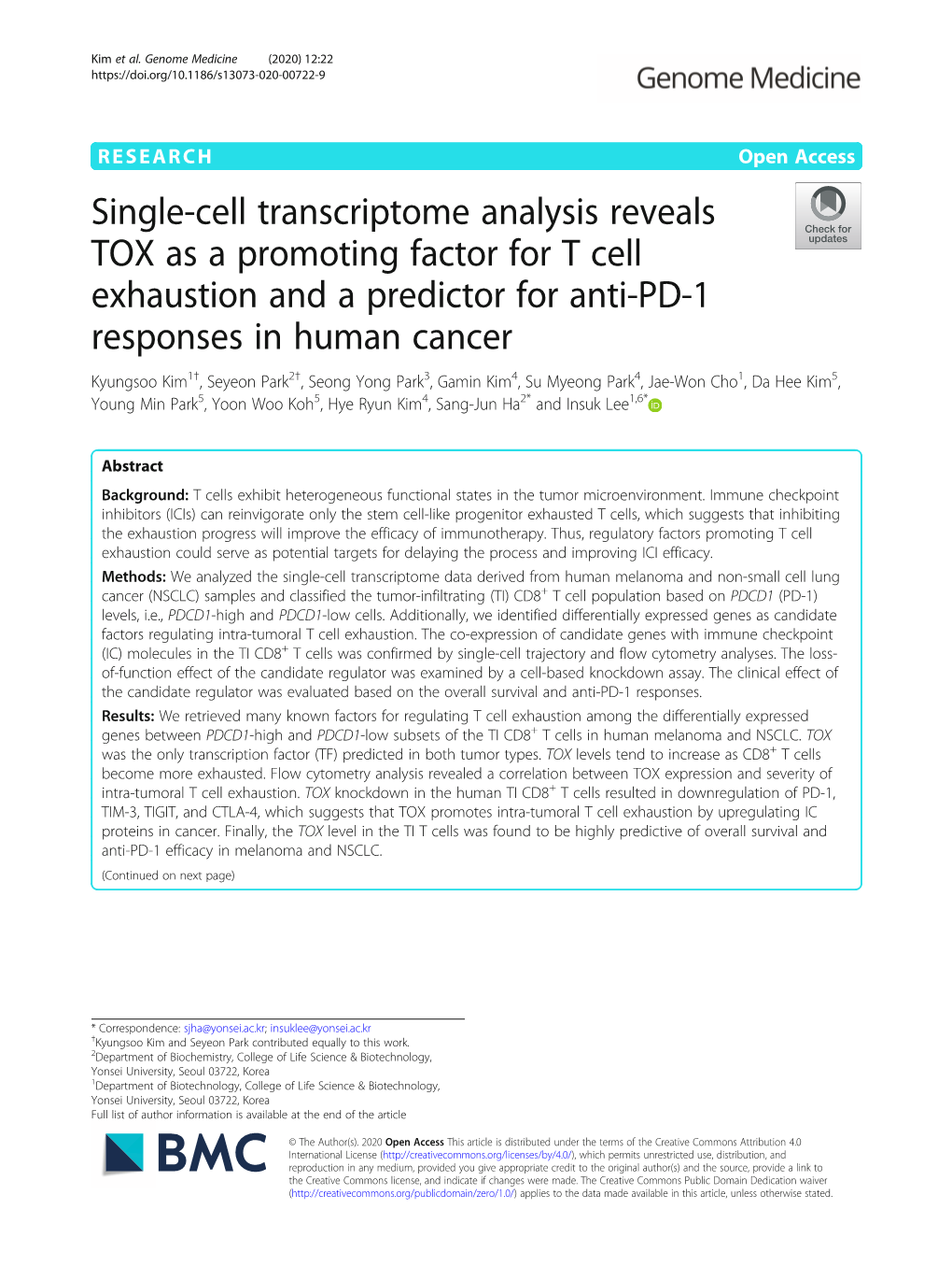 Single-Cell Transcriptome Analysis Reveals TOX As a Promoting Factor