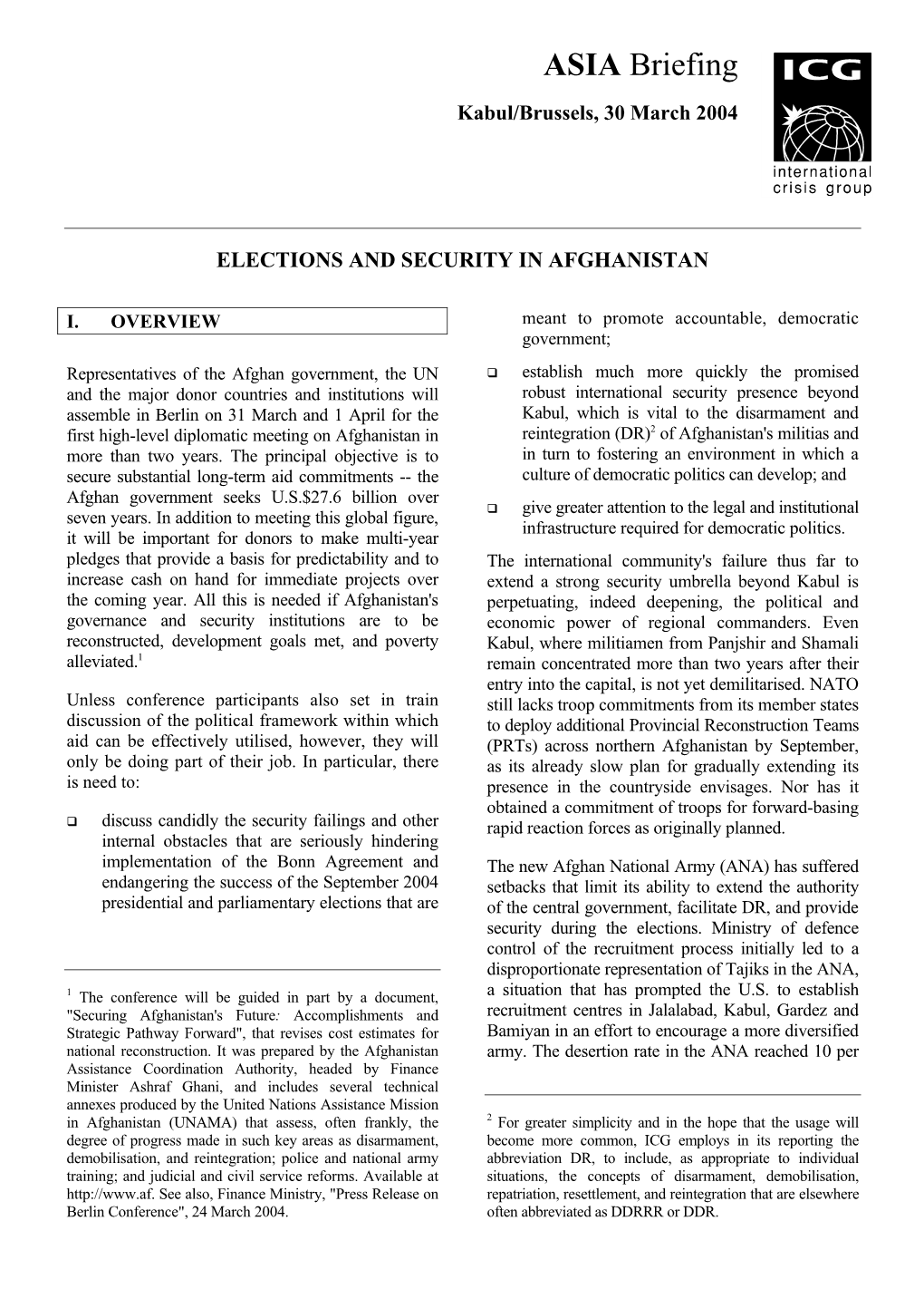Asia Briefing, Nr. 31: Elections and Security in Afghanistan