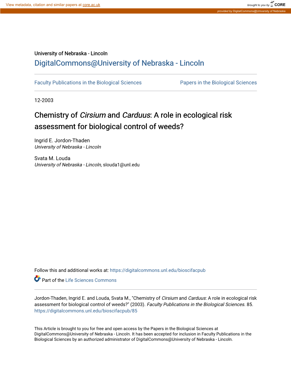 Chemistry of Cirsium and Carduus: a Role in Ecological Risk Assessment for Biological Control of Weeds?