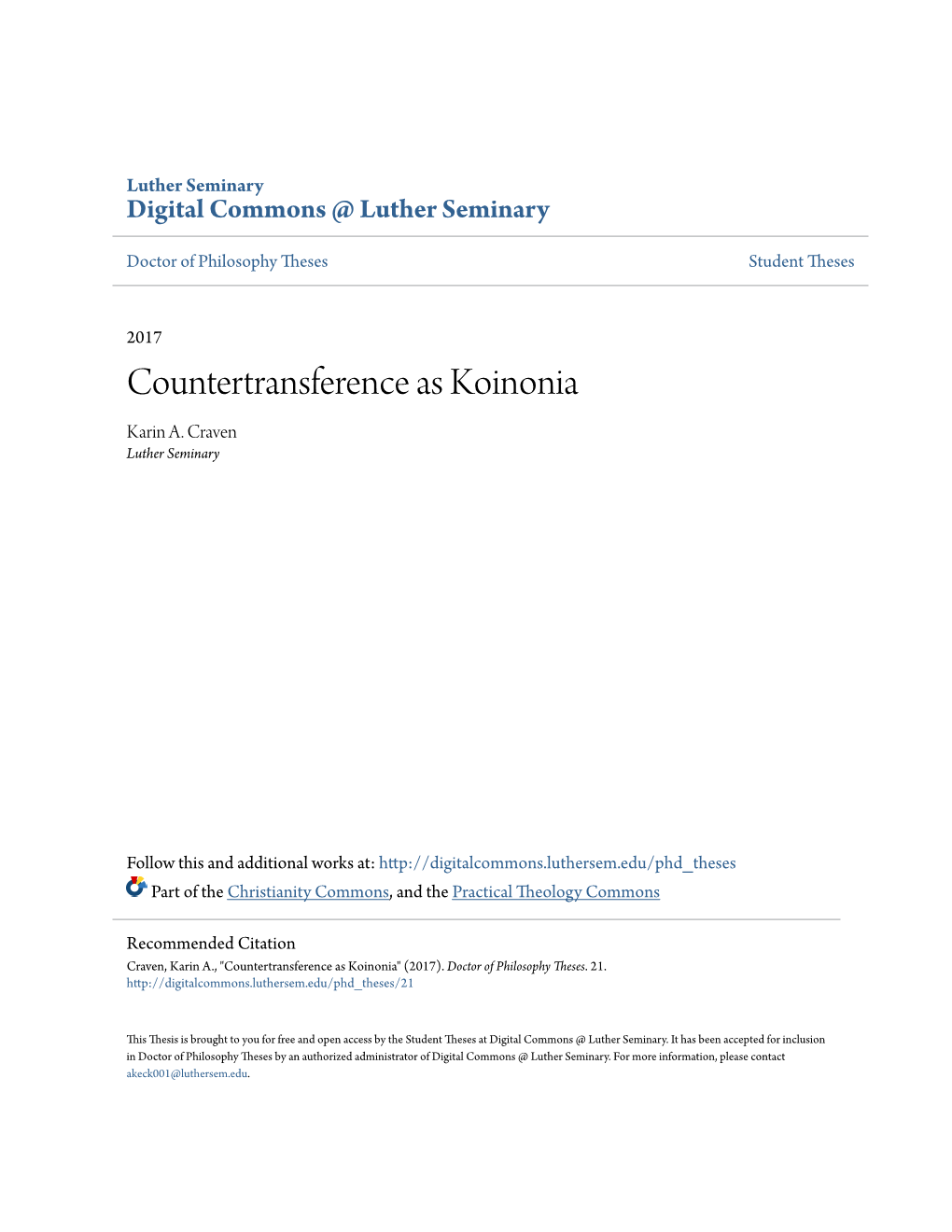 Countertransference As Koinonia Karin A