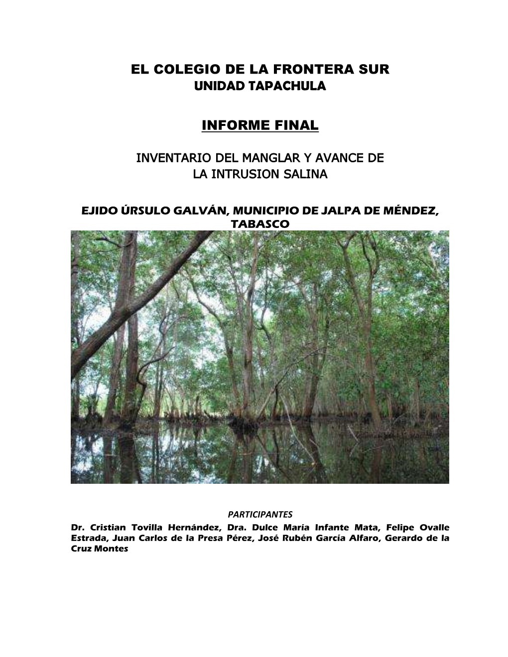 Informe: Inventario Del Manglar Y Avance De La Intrusión Salina En El Ejido Úrsulo 2013 Galván, Municipio De Jalpa De Mendez, Tabasco