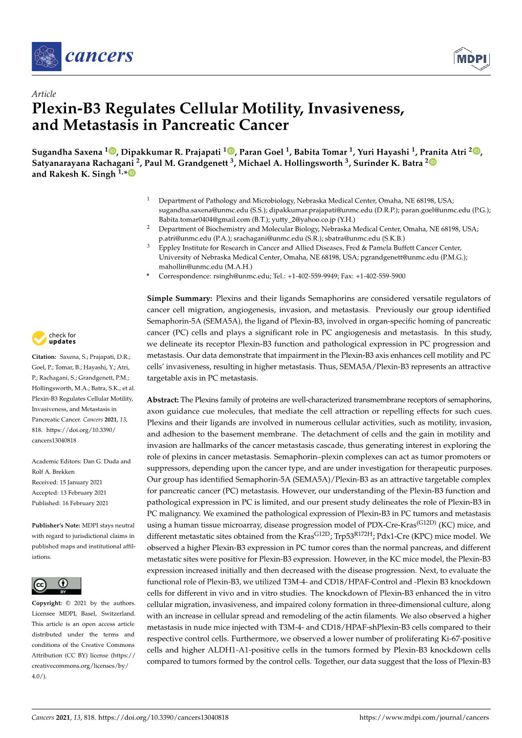 Plexin-B3 Regulates Cellular Motility, Invasiveness, and Metastasis in Pancreatic Cancer