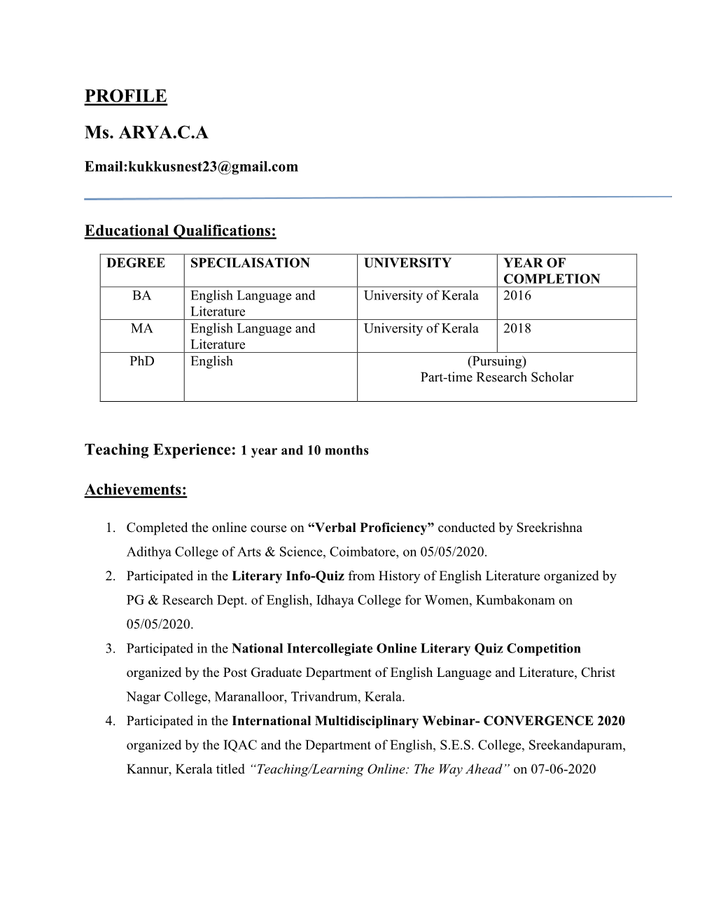 PROFILE Ms. ARYA.C.A