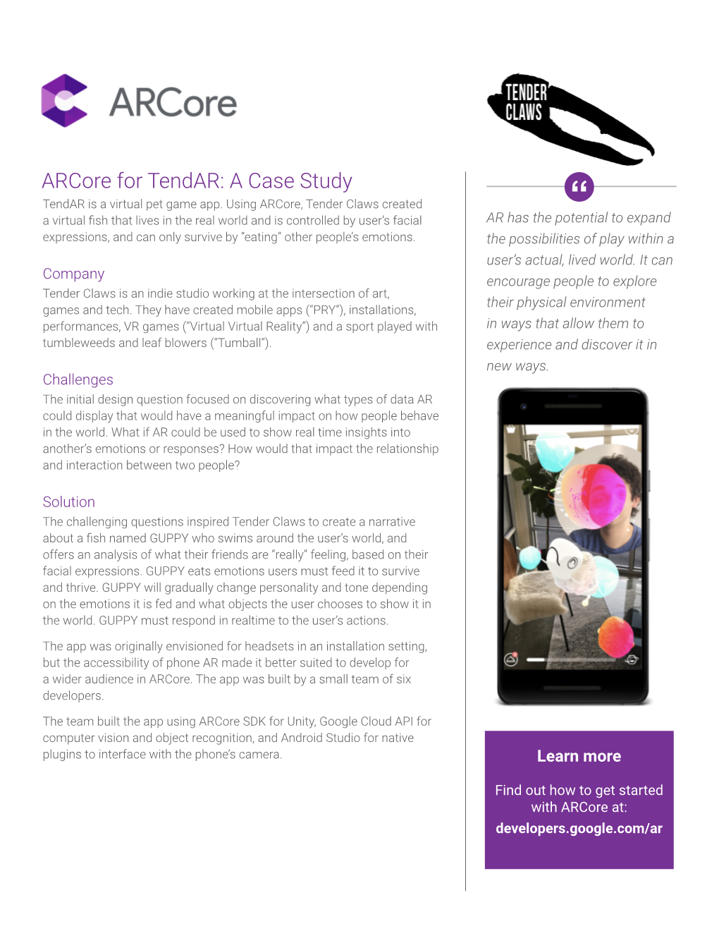 Arcore for Tendar: a Case Study Tendar Is a Virtual Pet Game App