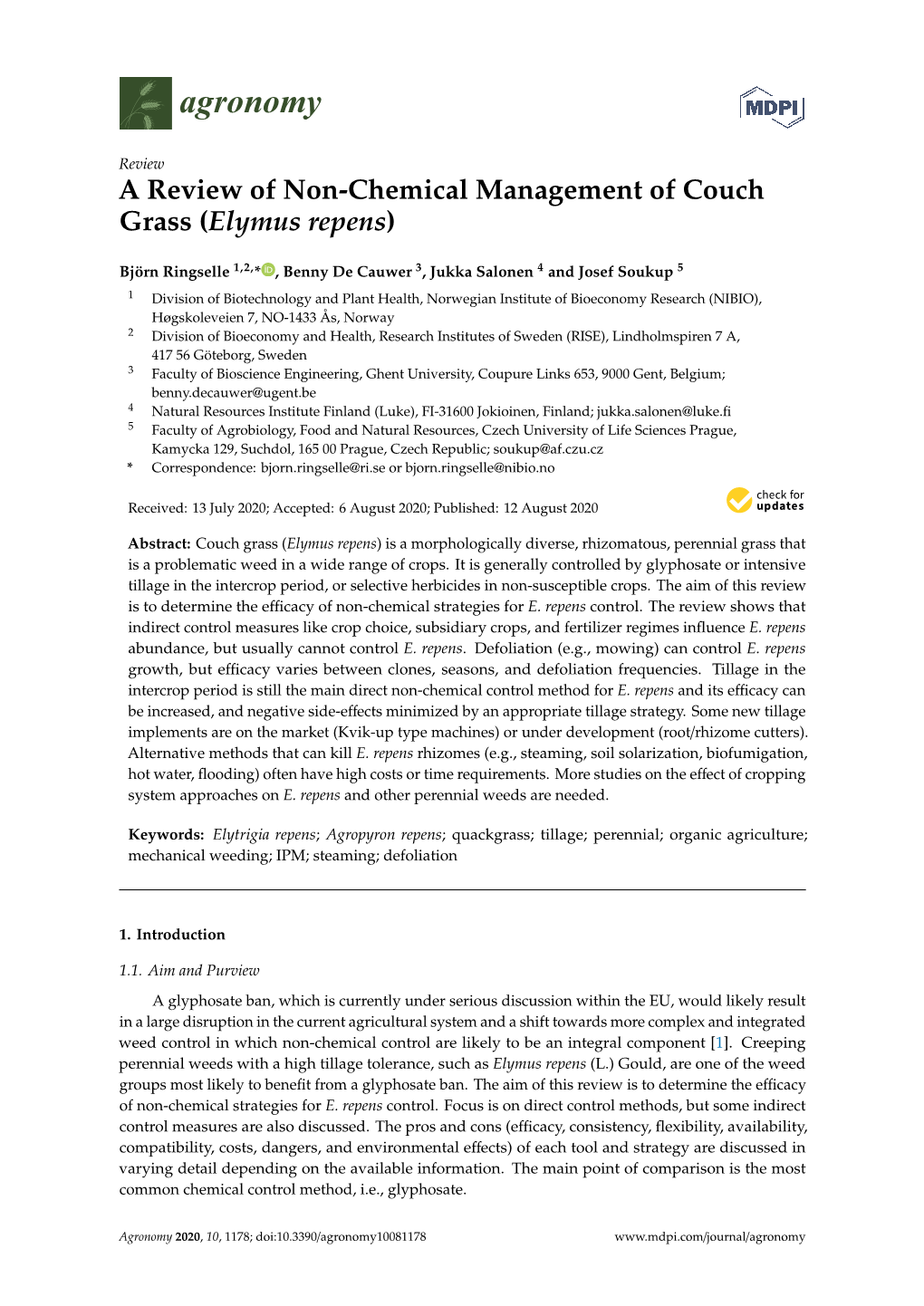 A Review of Non-Chemical Management of Couch Grass (Elymus Repens)