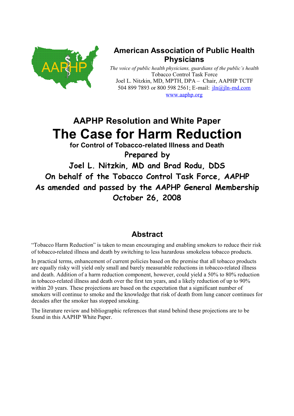 AAPHP 2008 Harm Reduction and Resolution White Paper