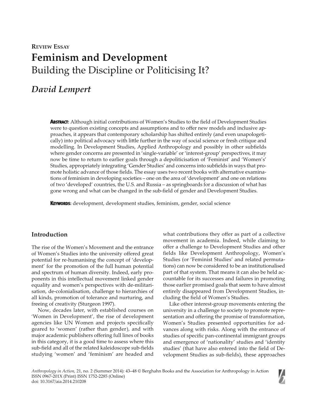 Feminism and Development Building the Discipline Or Politicising It? David Lempert
