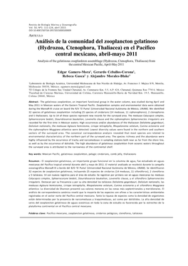 Análisis De La Comunidad Del Zooplancton Gelatinoso (Hydrozoa, Ctenophora, Thaliacea) En El Pacífico Central Mexicano, Abril-M