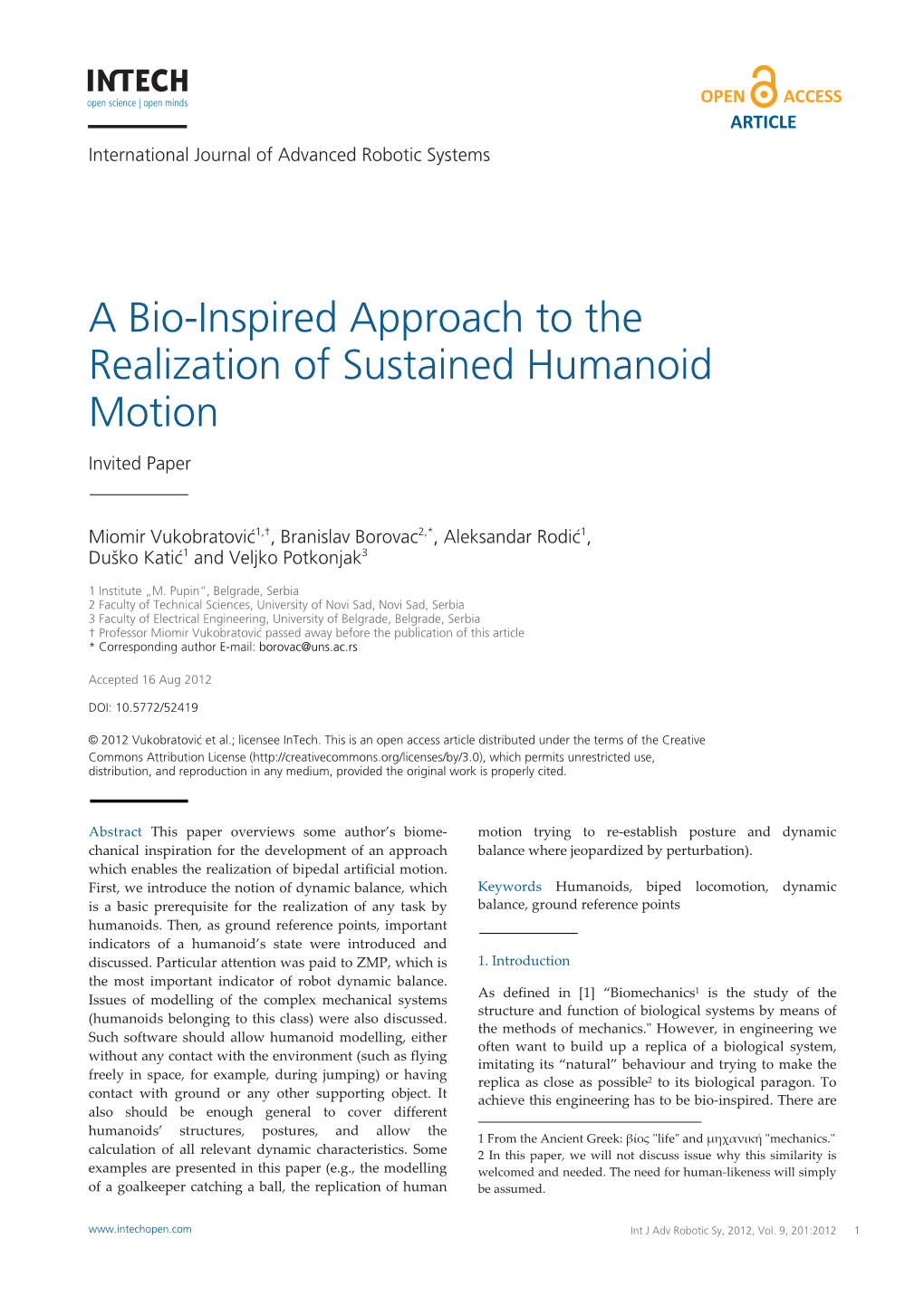 A Bio-Inspired Approach to the Realization of Sustained Humanoid Motion