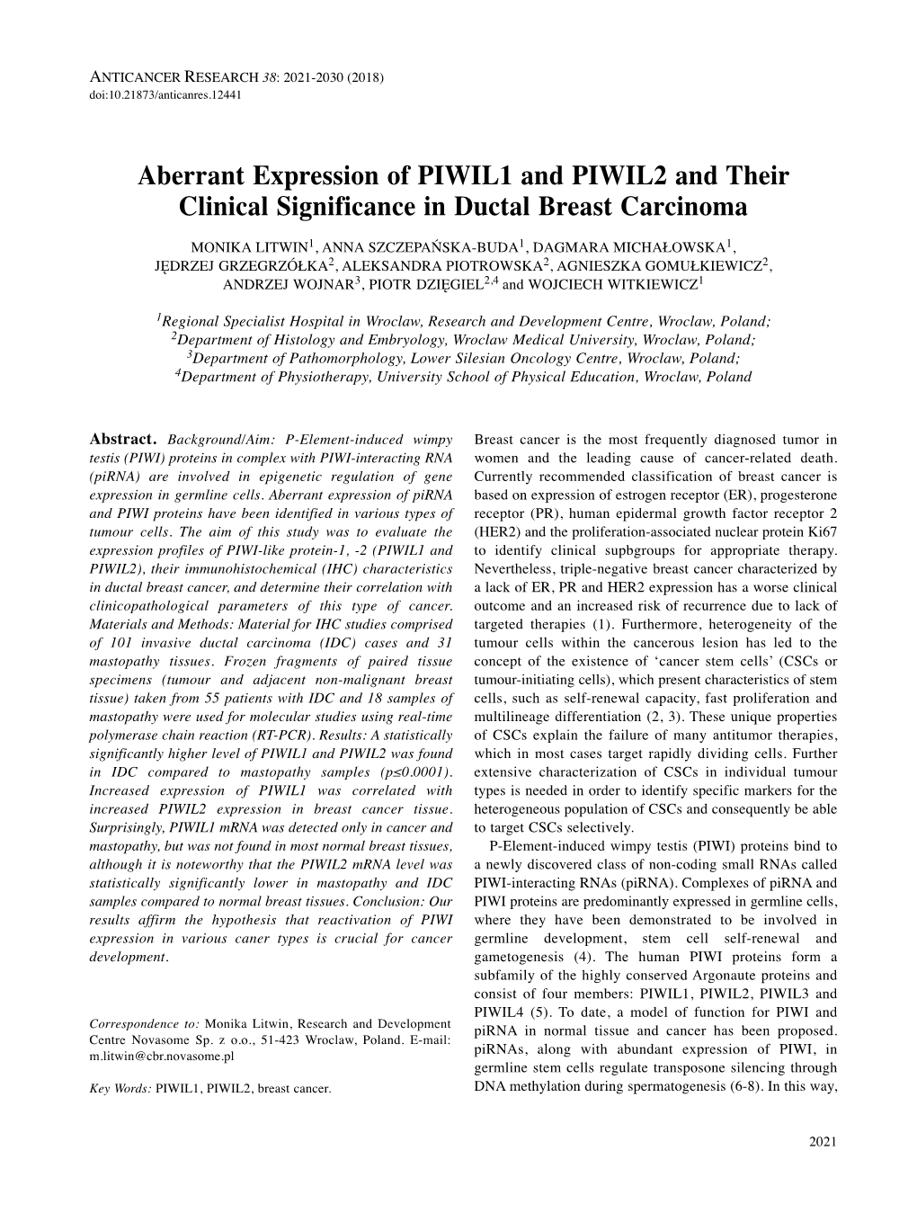 Aberrant Expression of PIWIL1 and PIWIL2 and Their Clinical