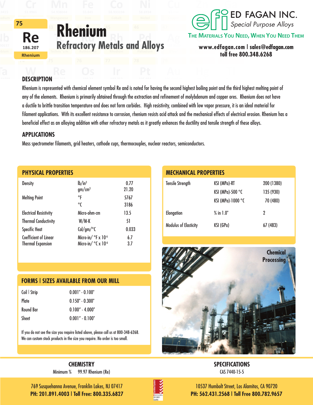 Ed Fagan Inc. Rhenium Refractory Metal Data Sheet