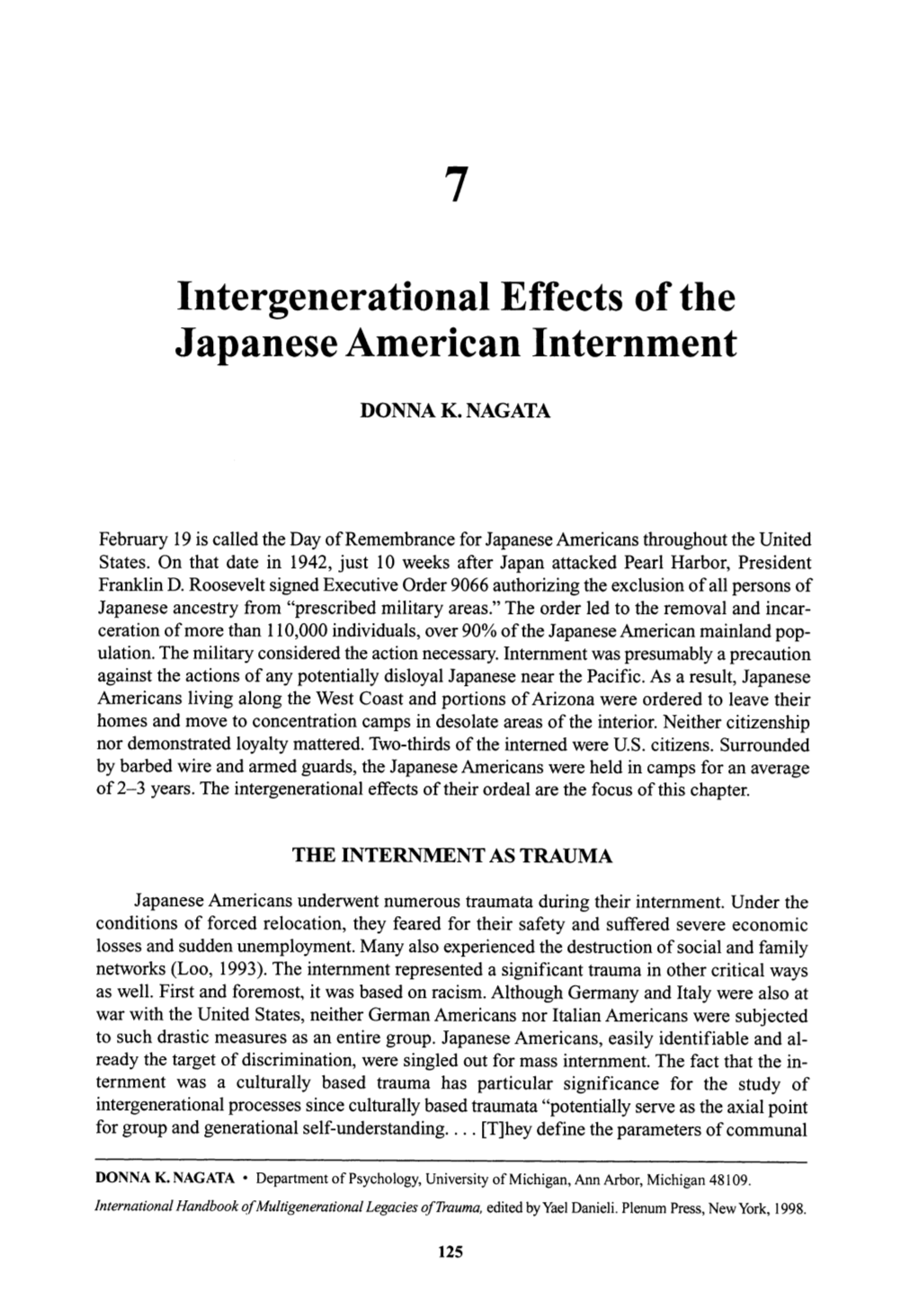 Intergenerational Effects of the Japanese American Internment