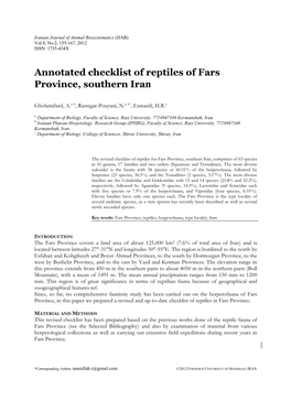 Annotated Checklist of Reptiles of Fars Province, Southern Iran